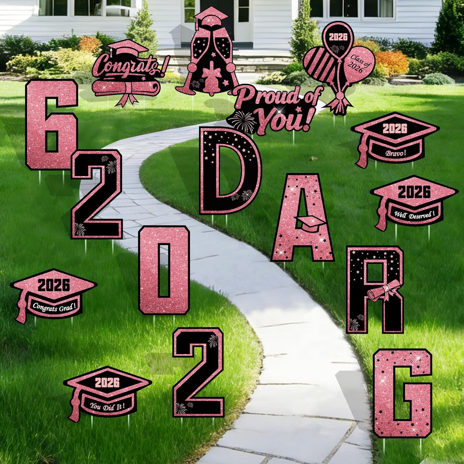 16 Pcs Graduation Yard Signs Class of 2026, 16.1" Large Pink Graduation Yard Sign with Stakes, Congrats Grad Sign for Graduation Party Decorations, Outdoor Grad Decorations for College High School