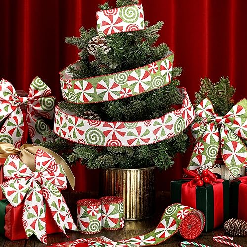 Miniatura 4 de Berlune Cinta de caramelo de Navidad con borde con alambre de menta de 2.5 pulgadas de ancho, cinta de arpillera para manualidades, corona, árbol de