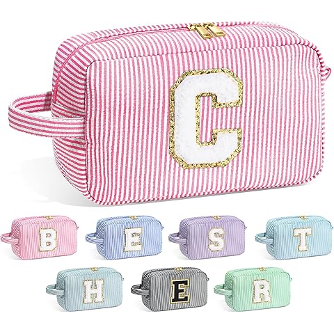 YOOLIFE Makeup Bag for Women - Monogram Cute Initial Pink Makeup Bags Cosmetic Toiletry Pouch Make Up Case for Her Best Friend Friendship Sister Teacher, Personalized Birthday Gifts for Women C