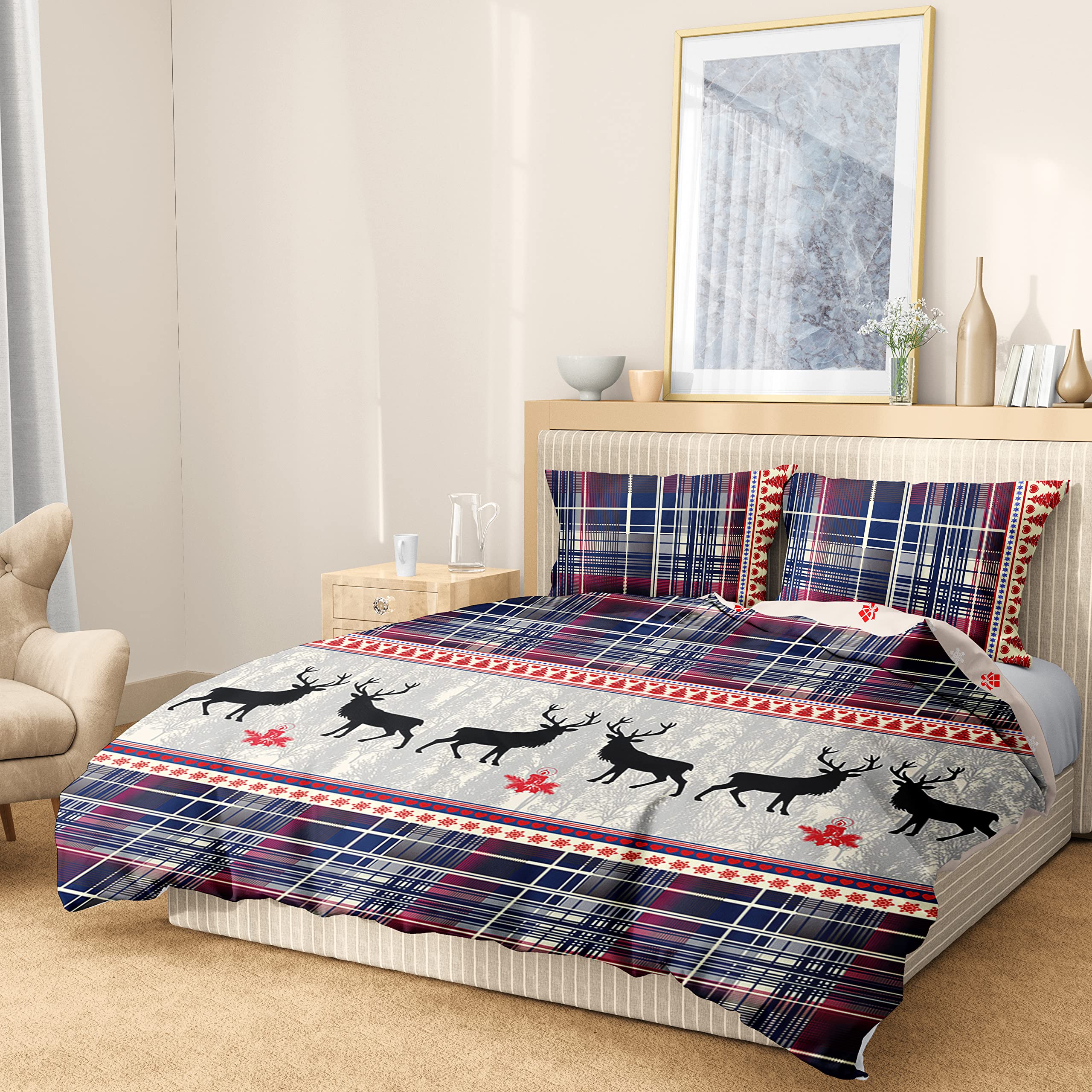 AVJWWD Set Copripiumino Natalizio Set di biancheria da letto di Natale,per bambini e bambine Set di Biancheria da Letto Decorazione Natalizia per Interni (Alce a Scacchi, 220 x 240 cm)