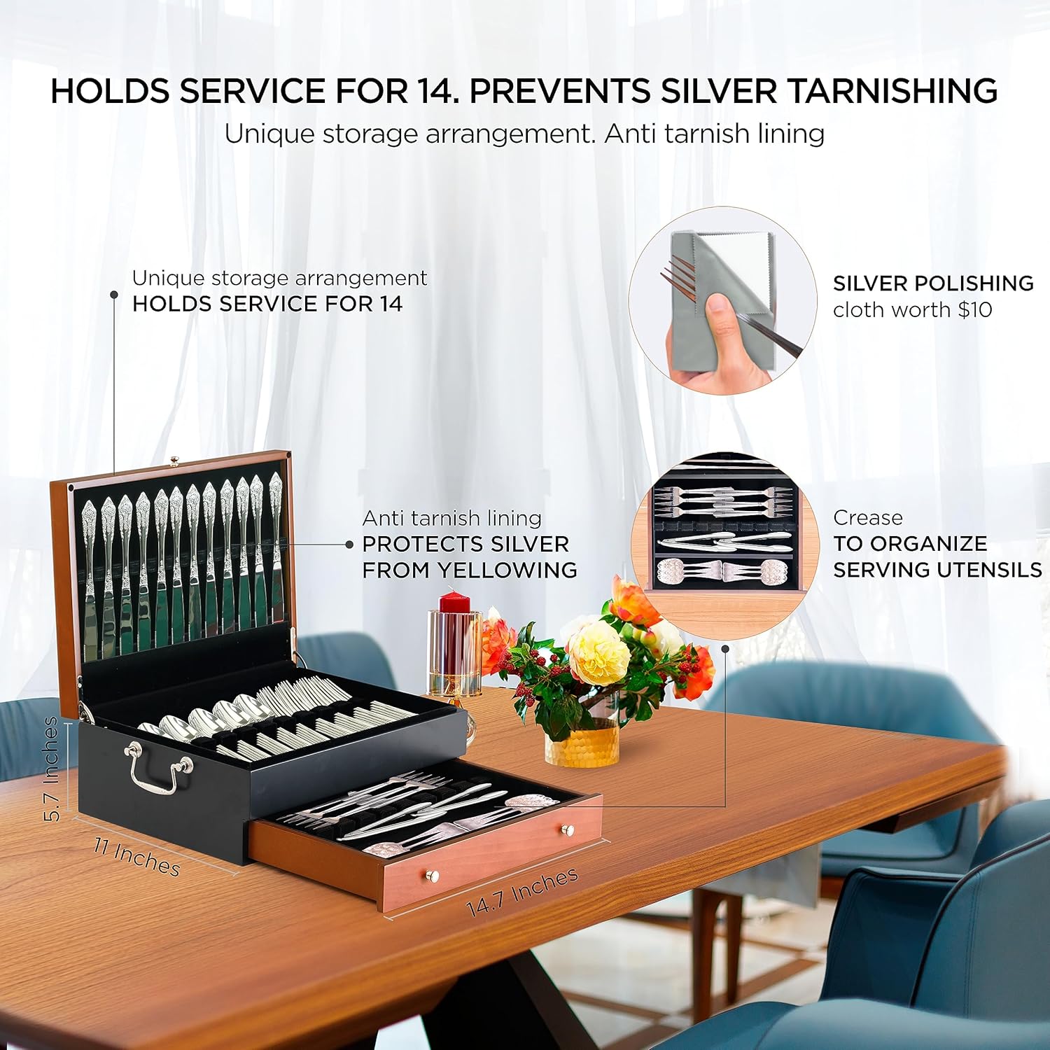 boldworks Silverware Storage Box Silverware Chest Case for Silver Flatware with Lid Tarnish Proof Felt Lined Partition and Drawer Holds Service for 14 Includes Polishing Cloth - Image 2