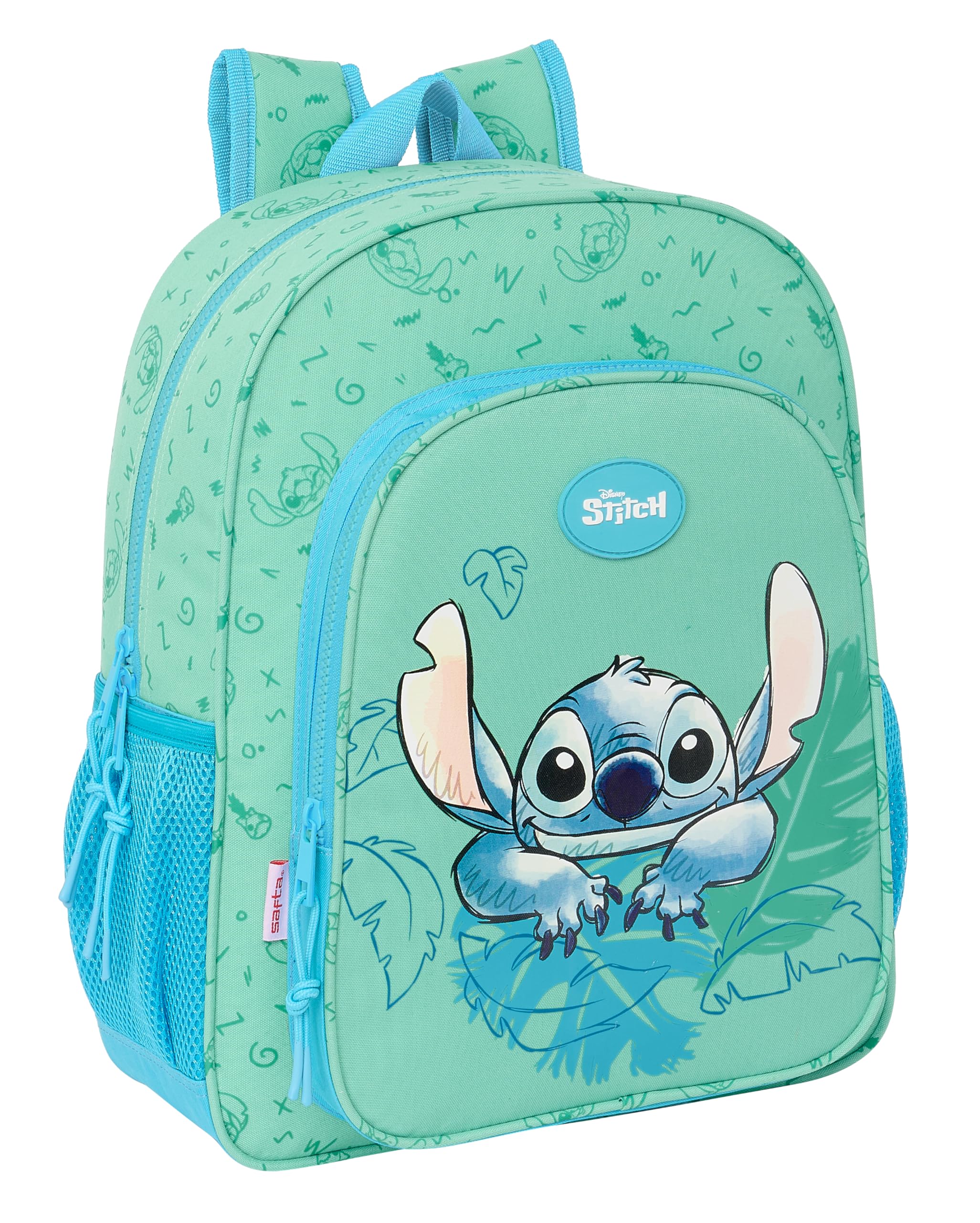 Safta STITCH ALOHA - Mochila Escolar Niño, Mochila Infantil, Adaptable a Carro, Ideal para Niños en Edad Escolar, Cómoda y Versátil, Calidad y Resistencia, 32x12x38 cm, Color Turquesa