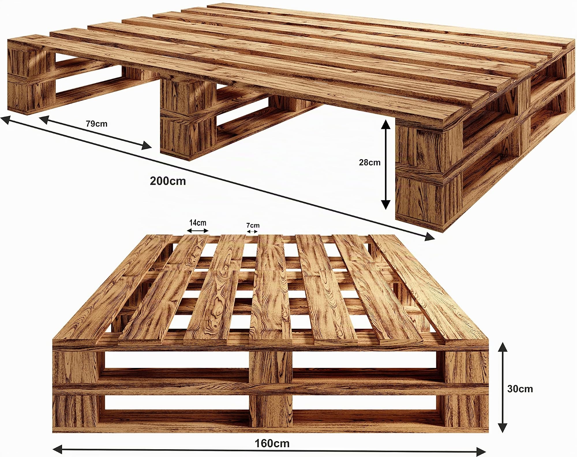 sunnypillow Palettenbett M2 aus Holz 160 x 200 cm mit Lattenrost, Doppelbett, Familienbett - erhöhtes Ehebett Bettgestell Futonbett Komforthöhe Geflammt Massivholzbett