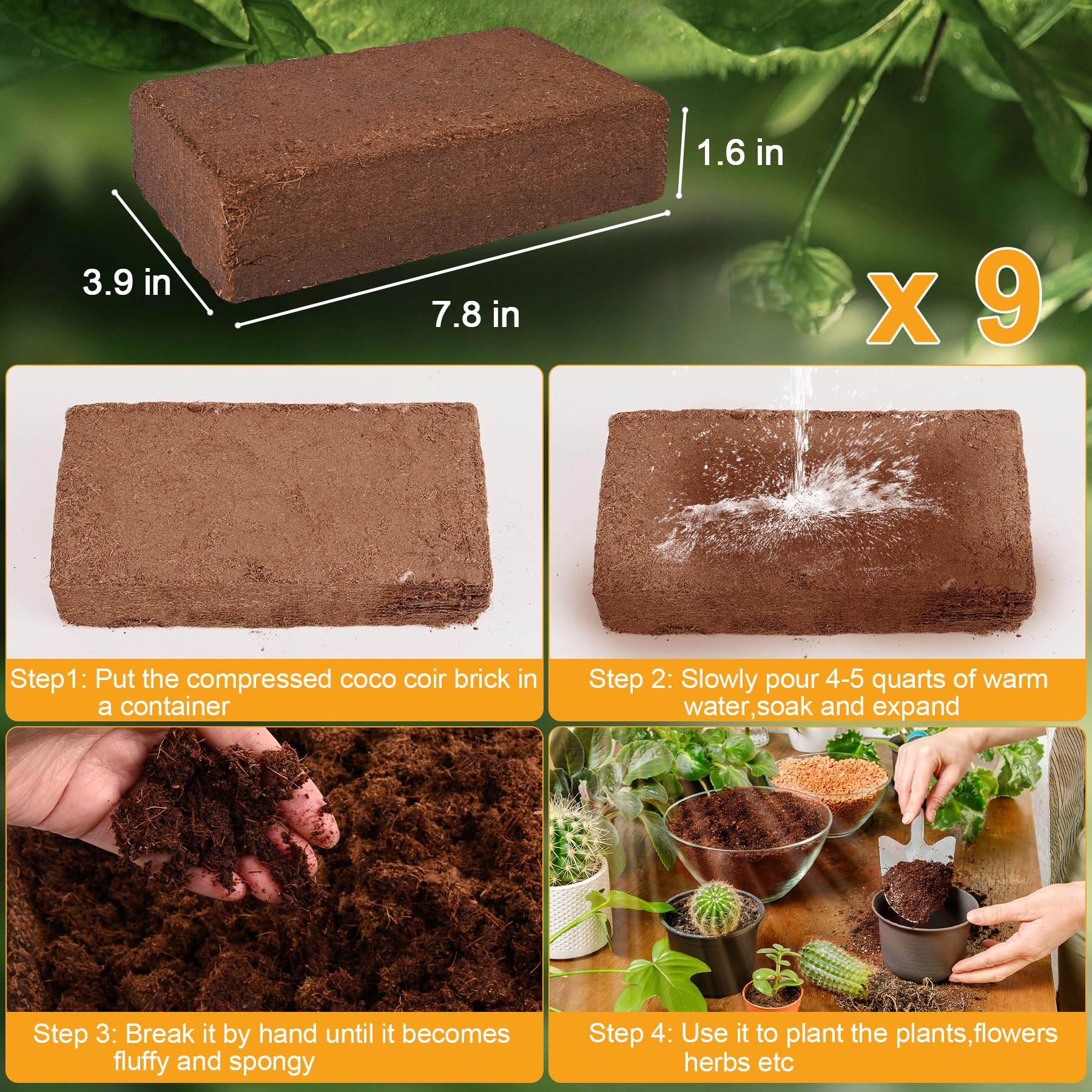 Premium Kokosziegel für Pflanzen (9 Stück)