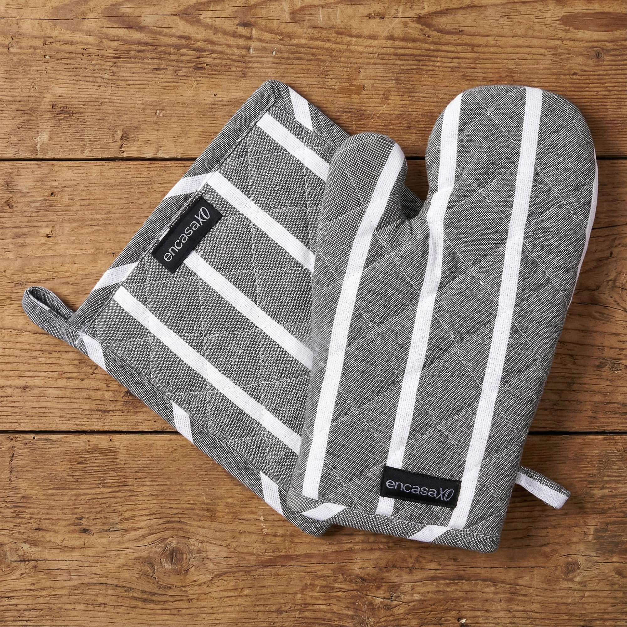 Encasa XO Heat Resistant 100% Cotton Oven Glove & Potholder Set with Loop, Kitchen Cooking Mittens, Microwave Safe Hot Pads - Roma Grey Stripes, 18x30 cm, (Pack of 2)