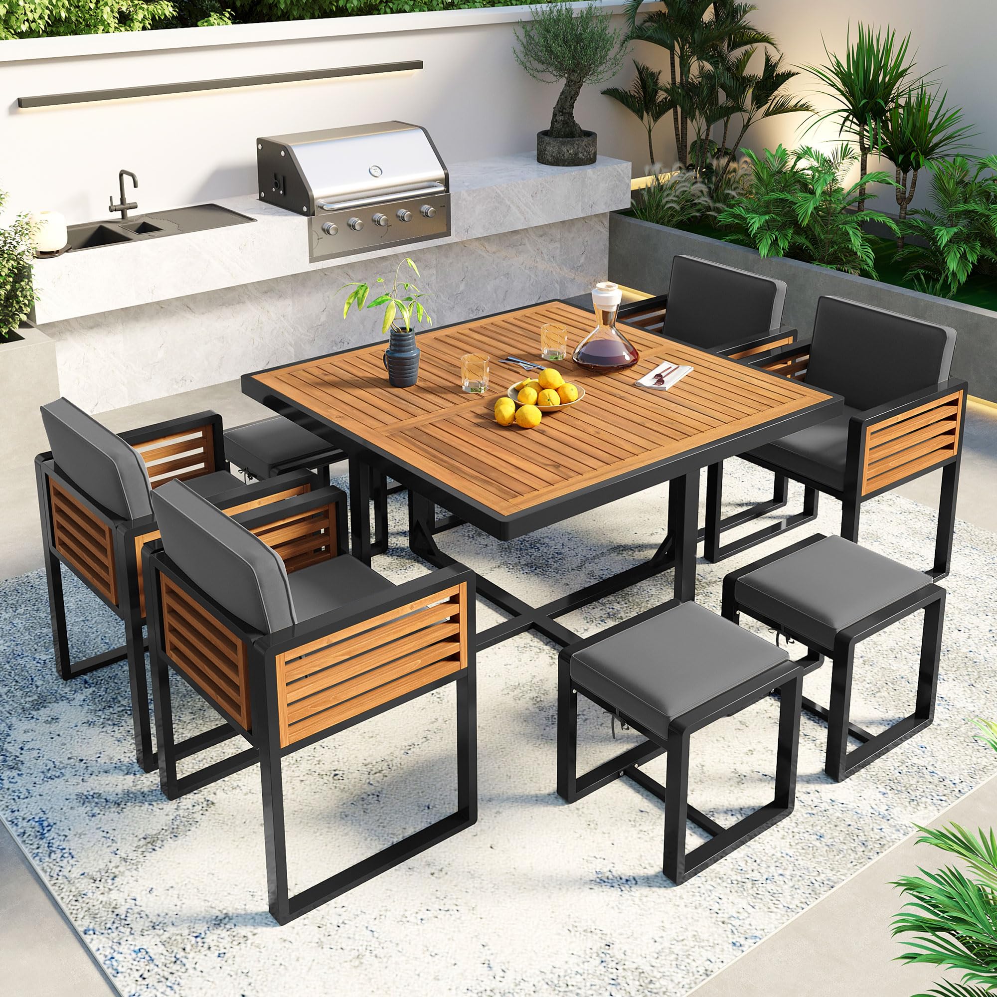 Photo 1 of ***FACTORY SEALED****
Merax 9 Pieces Outdoor Dining Set for 8 People, Acacia Wood Patio Furniture Sets with 1 Square Table, 4 Cushioned Chairs and 4 Ottomans for Backyard, Garden, Lawn, Poolside, Space Saving Design, Gray
