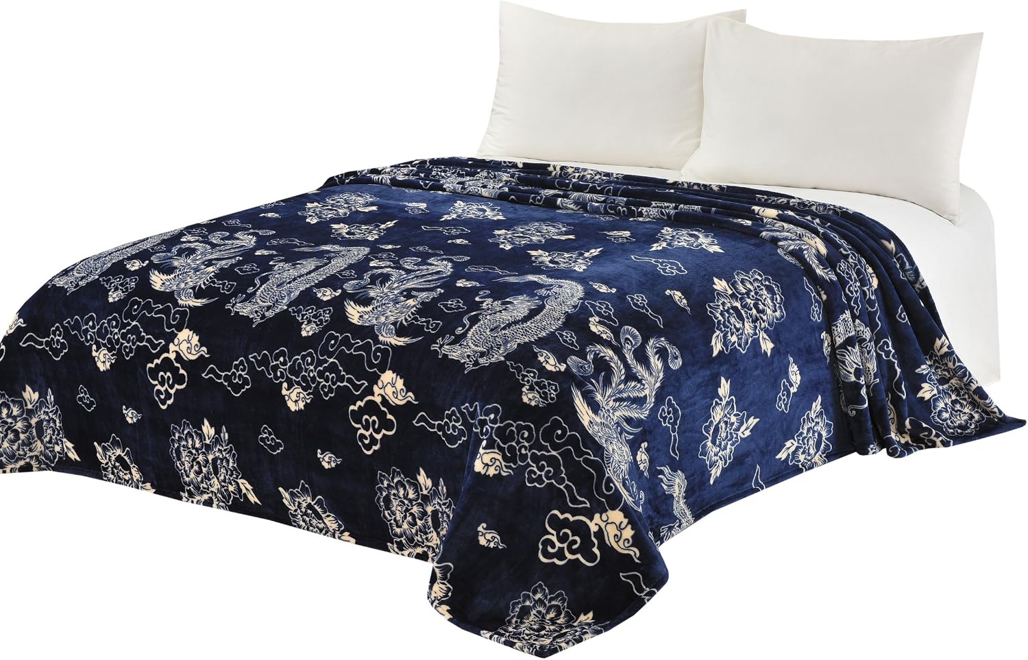CaliTime Super Soft Throw Blanket for Bed Sofa Couch, Cozy Warm Flannel Fleece Chinese Vintage Dragon Phoenix & Auspicious Clouds, Navy Blue, Throw