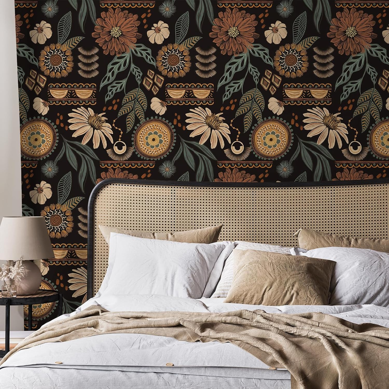 VEELIKE Boho Floral Peel and Stick Wallpaper Vintage Dark Floral Wallpaper for Bedroom Bathroom Accent Wall 17.7''x118'' Self Adhesive Contact Paper Removable Flower Wall Paper Mural for Living Room