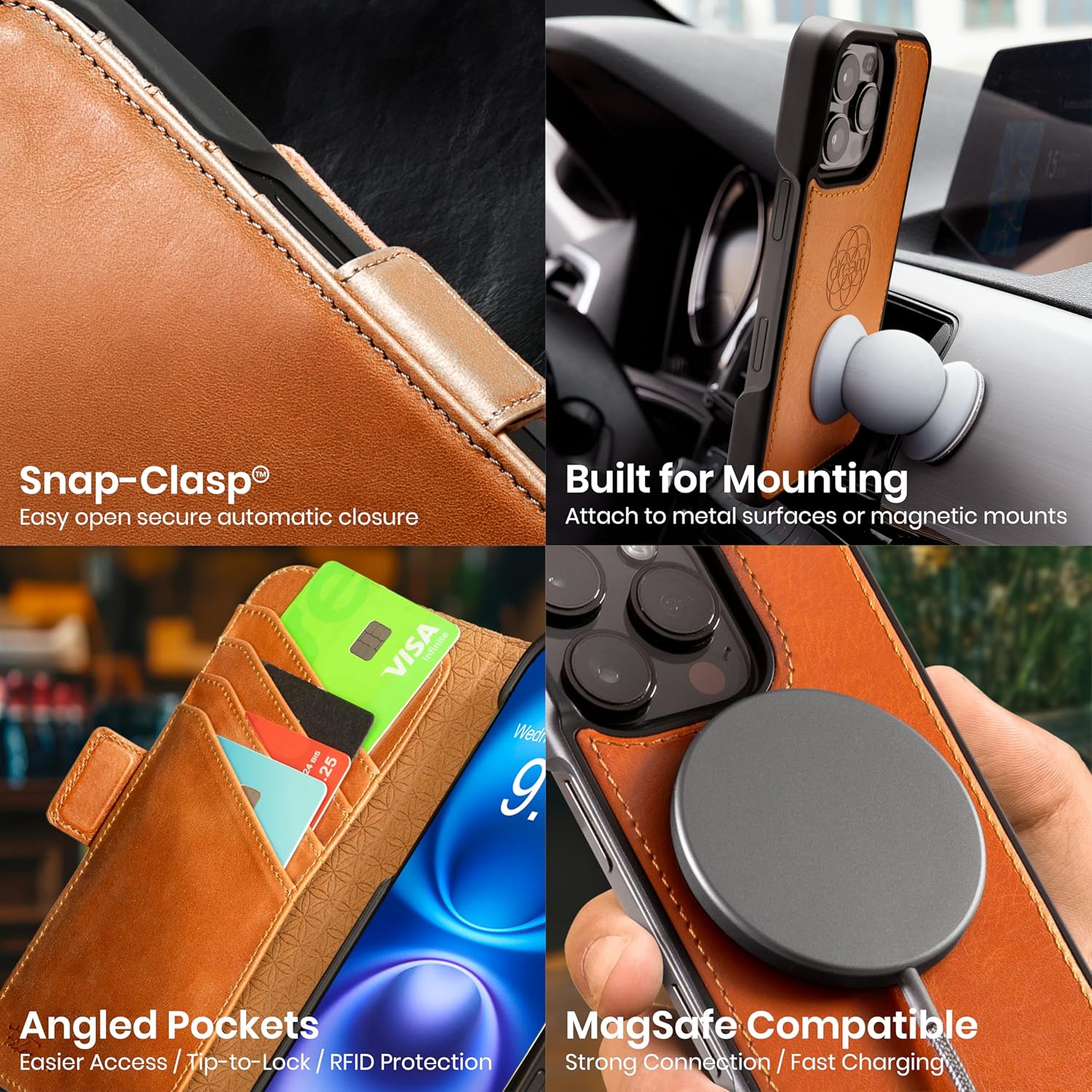 Dreem Wallet Case for iPhone 16 Pro Max, Revolutionary Vert/Hor Phone Stand, Magnetic Detachable Vegan Leather Flip Cover RFID Blocking Card Holder, MagSafe-Fit, Gift Box [Fibonacci: Caramel]
