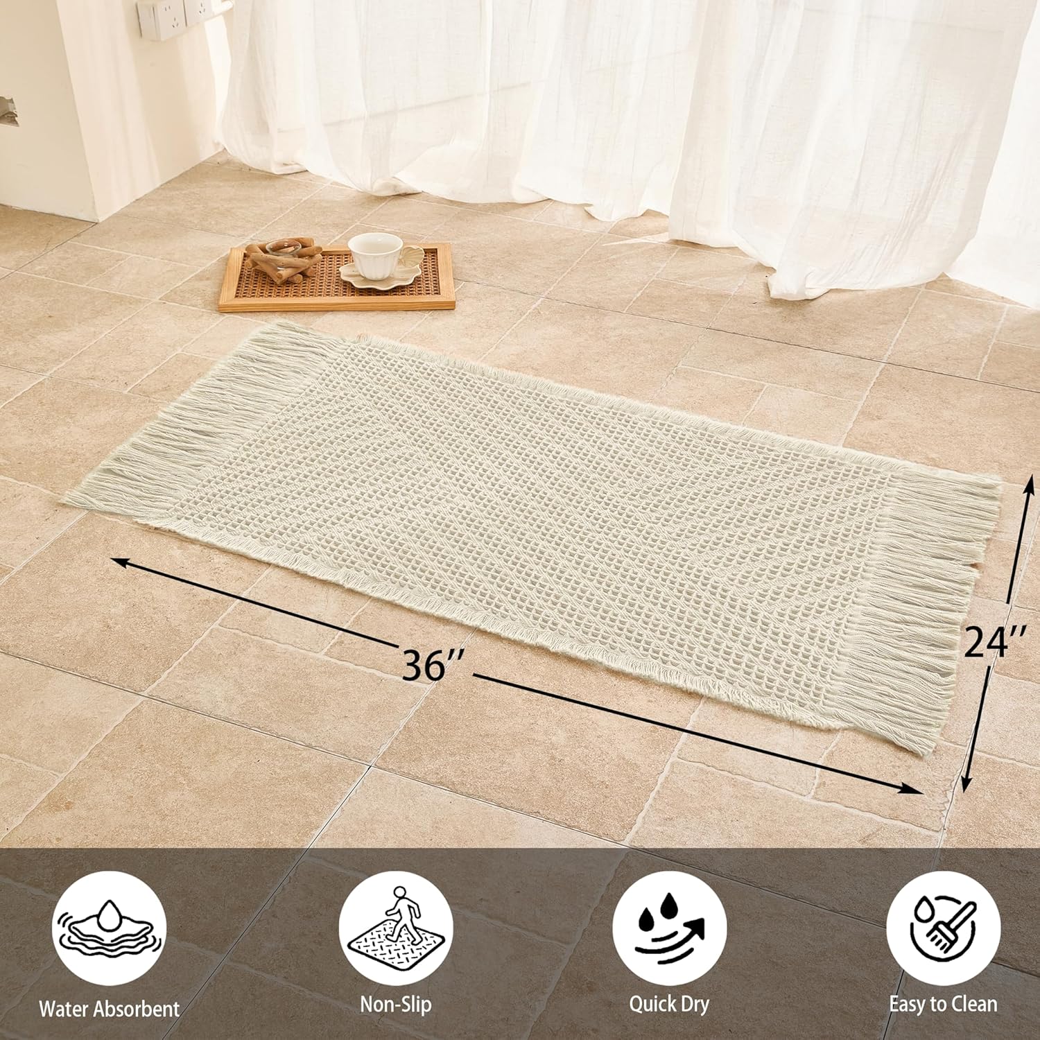 Waffle Bath Mat Non Slip, Boho Bathroom Rug, Super Absorbent Quick Dry Bathroom Mat, Soft Farmhouse Bath Rug with Tassels, Small Washable Shower Mats for Floor 24"x36", Tassels Cream