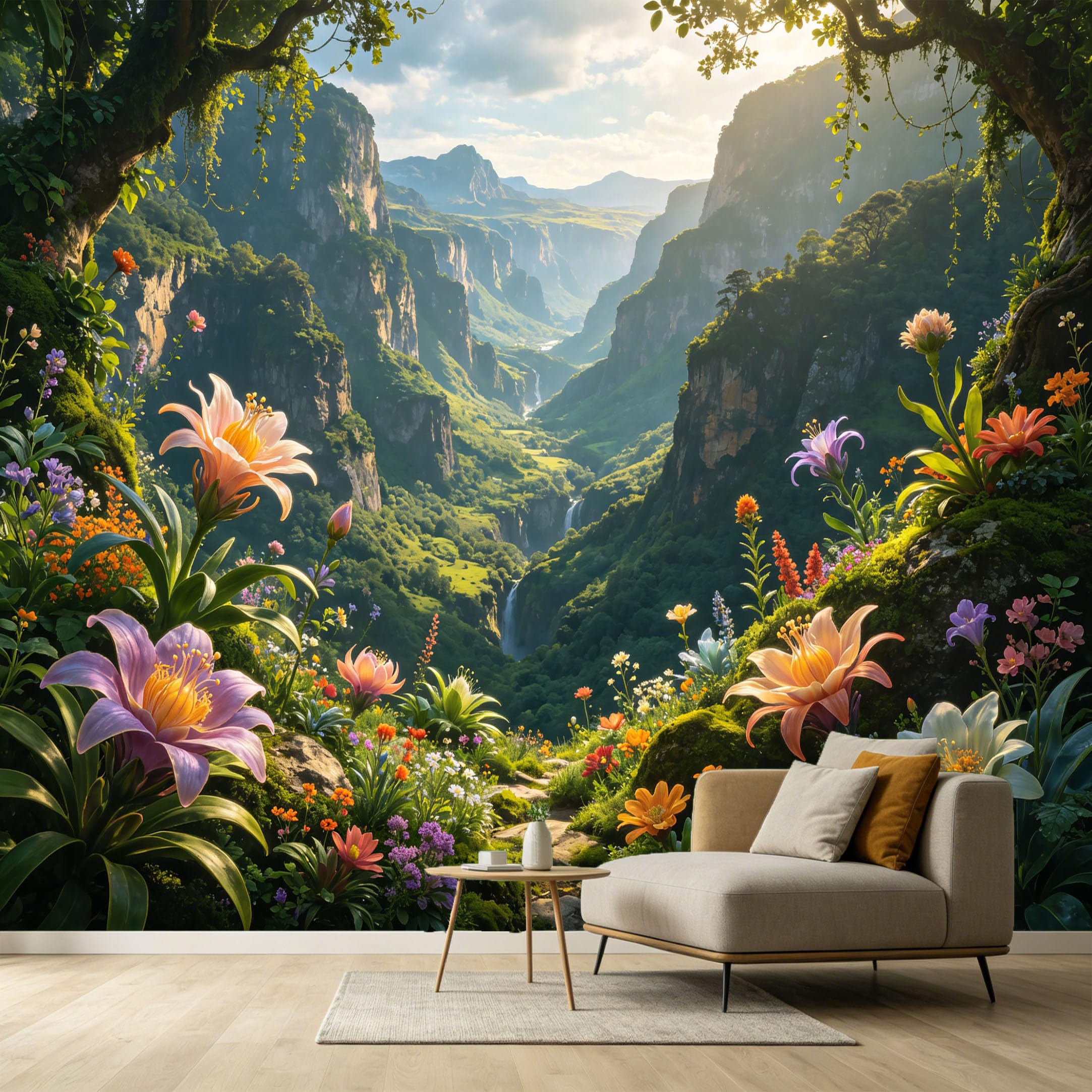 Custom Size Wall Murals Botanical Mountain Lake Landscape Waterfall Flowers SelfAdhesive Wall Fabric Removable Large Wallpaper for Photo Living Room Interior Decor