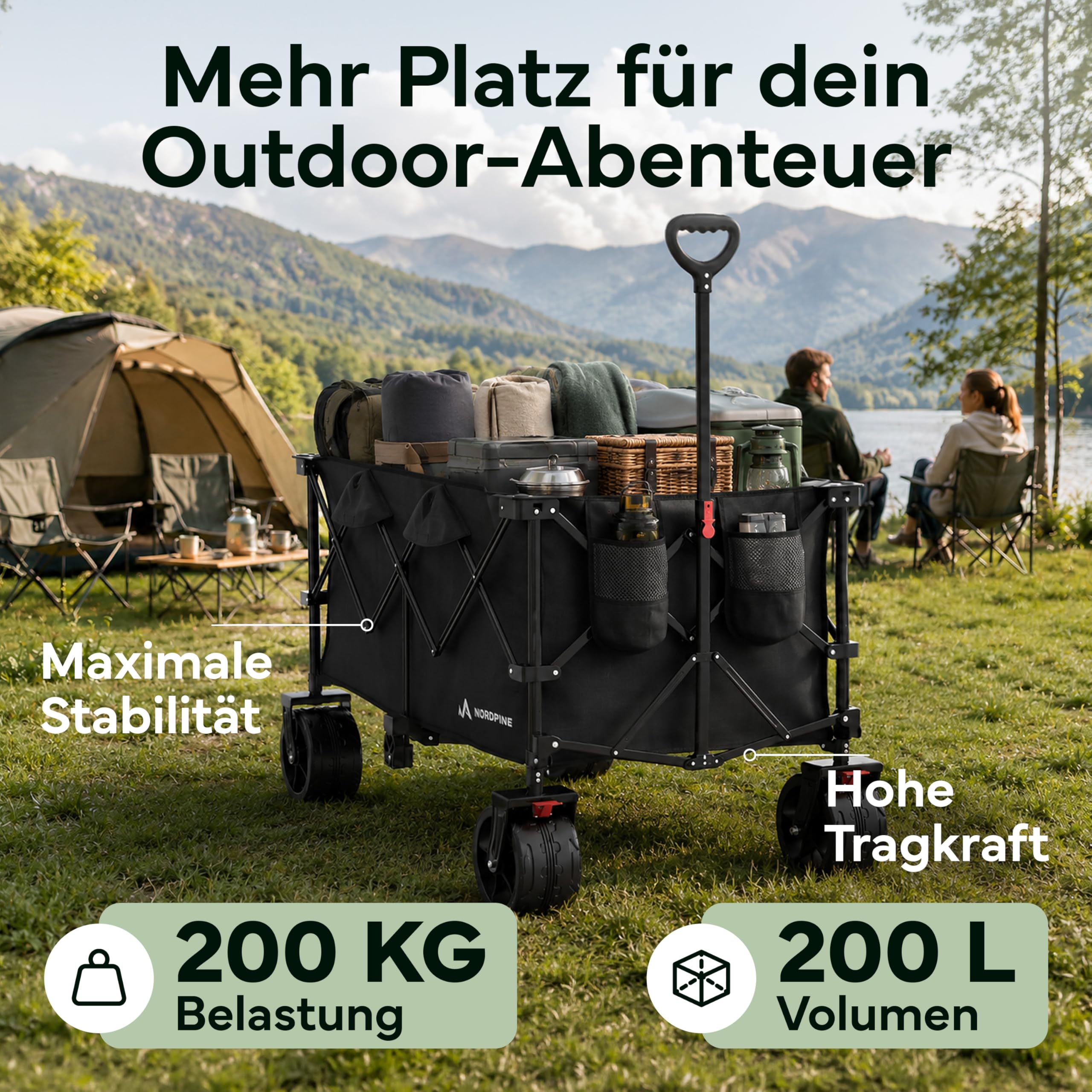 Bollerwagen Faltbar - 200/300 Liter Stauraum für Camping, Festival und Familie - Bis 200 kg Traglast - Extra breite Gummireifen mit Bremse - Klappbar in Sekunden (200 l | Bollerwagen)