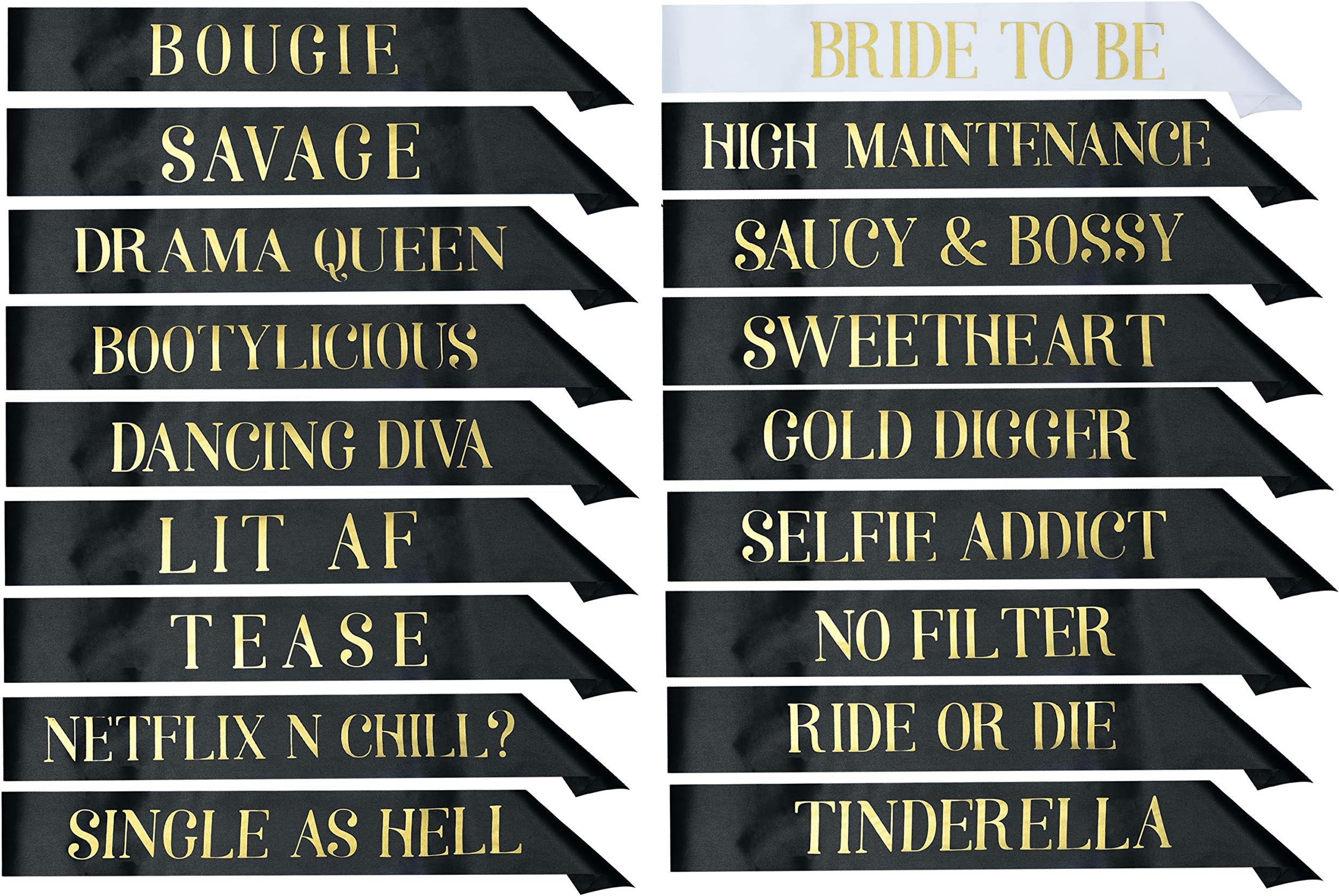 18 Bachelorette Sashes for Bachelorette Party - 17 Bridesmaids Sashes and 1 Bride to Be Bachelorette Sash - Bride Tribe Gifts Games Favors Decorations Supplies - Black & Gold - White & Gold