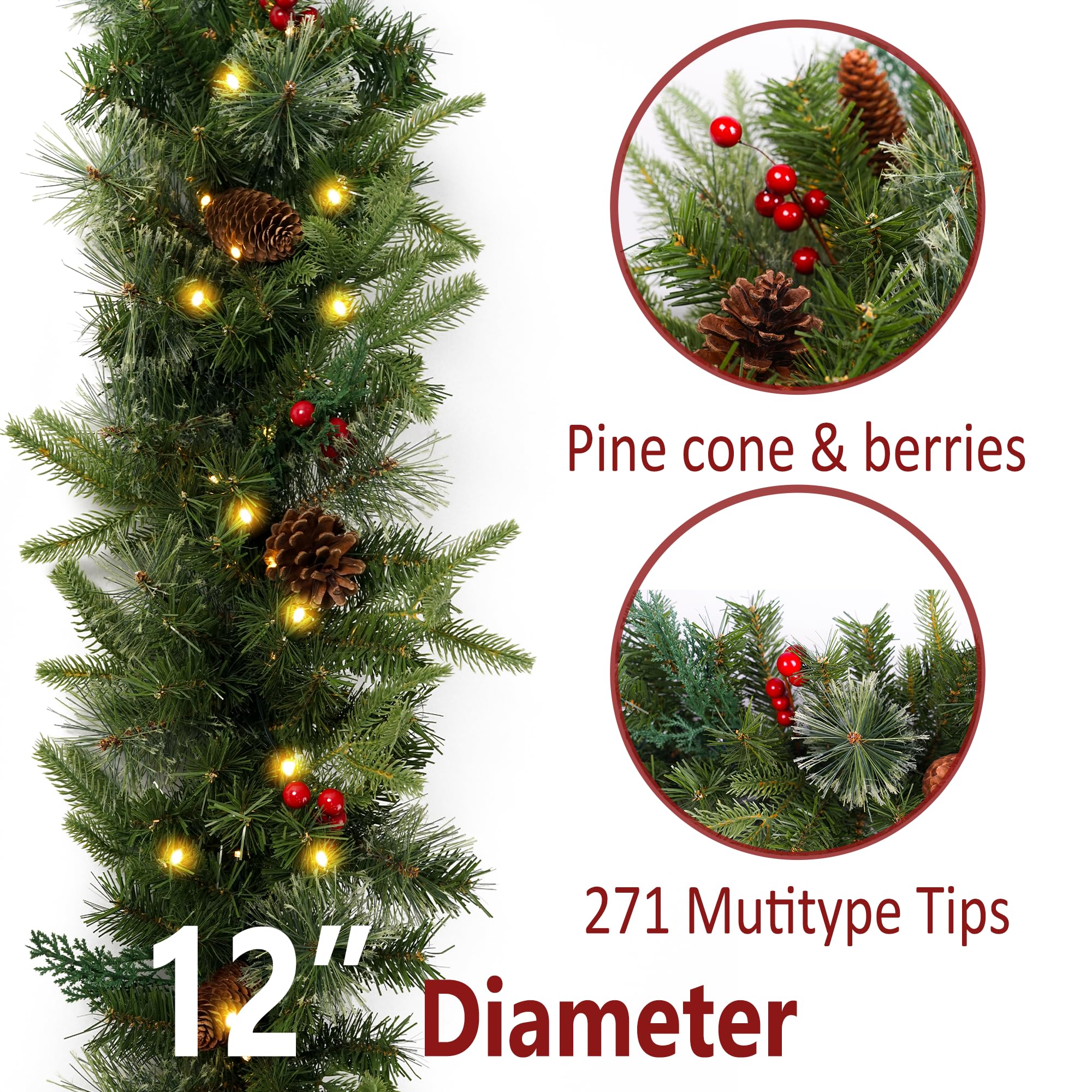 Guirnalda de Navidad preiluminada de 9 pies con 50 Luces, decoración de Navidad con 50 Luces de Pino con Temporizador de Bayas Rojas para repisa Escalera Interior y Exterior