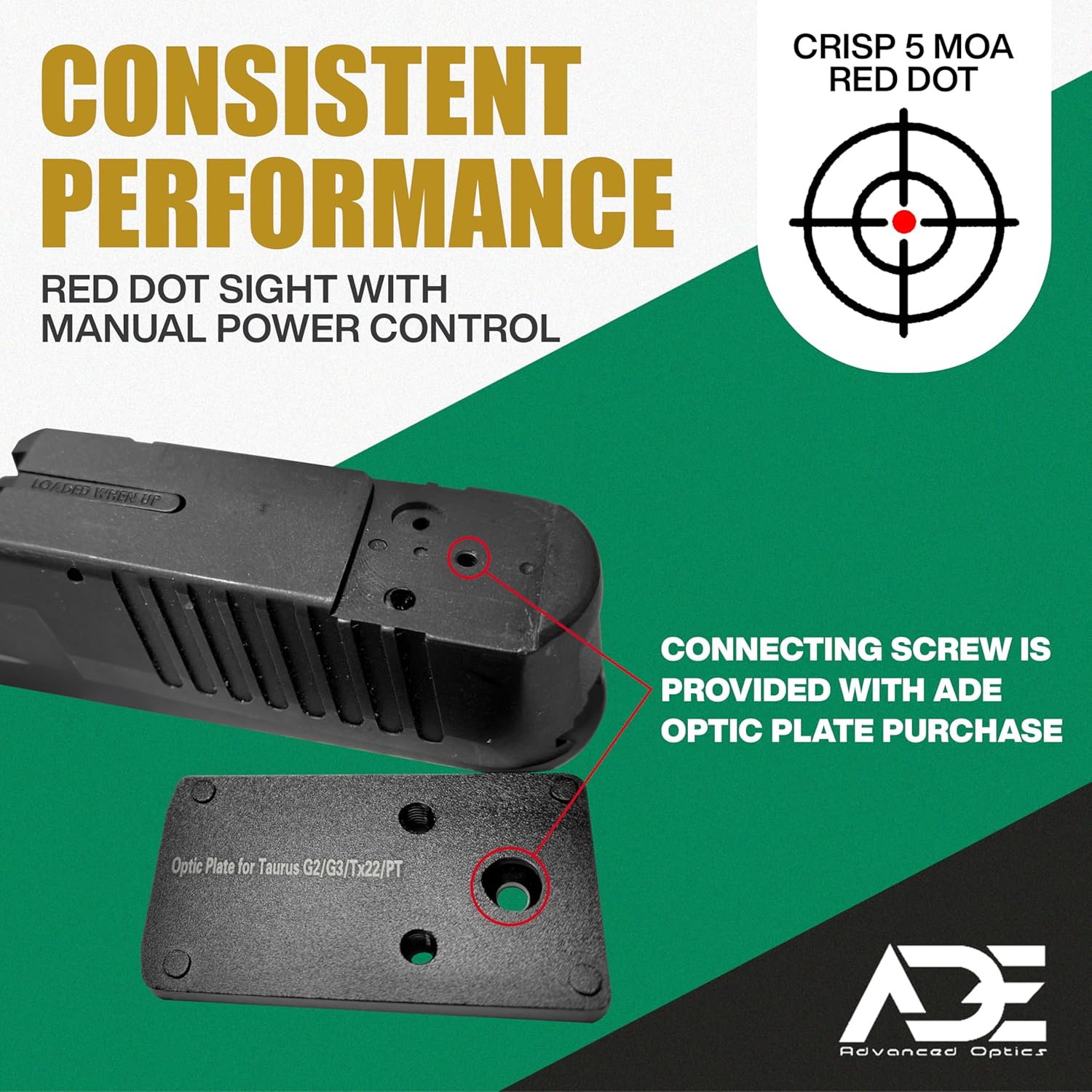 Ade Advanced Optics Crusader RD3-009 Red Dot Reflex Sight + Optic Mounting Plate for Taurus PT111 G2, Millennium G2, G2C, G3 with Original Rear Sight, PT140 G2, PT709, PT740, TX22 + Picatinny Plate