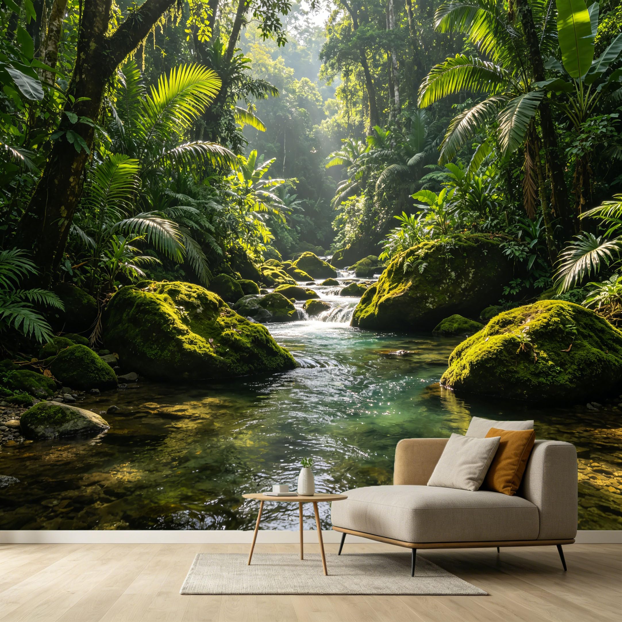 Custom Size Wall Murals Tropical Rainforest Stream Landscape Botanical Style Palm Trees Mossy Stones SelfAdhesive Wall Fabric Removable Large Wallpaper for Photo Living Room