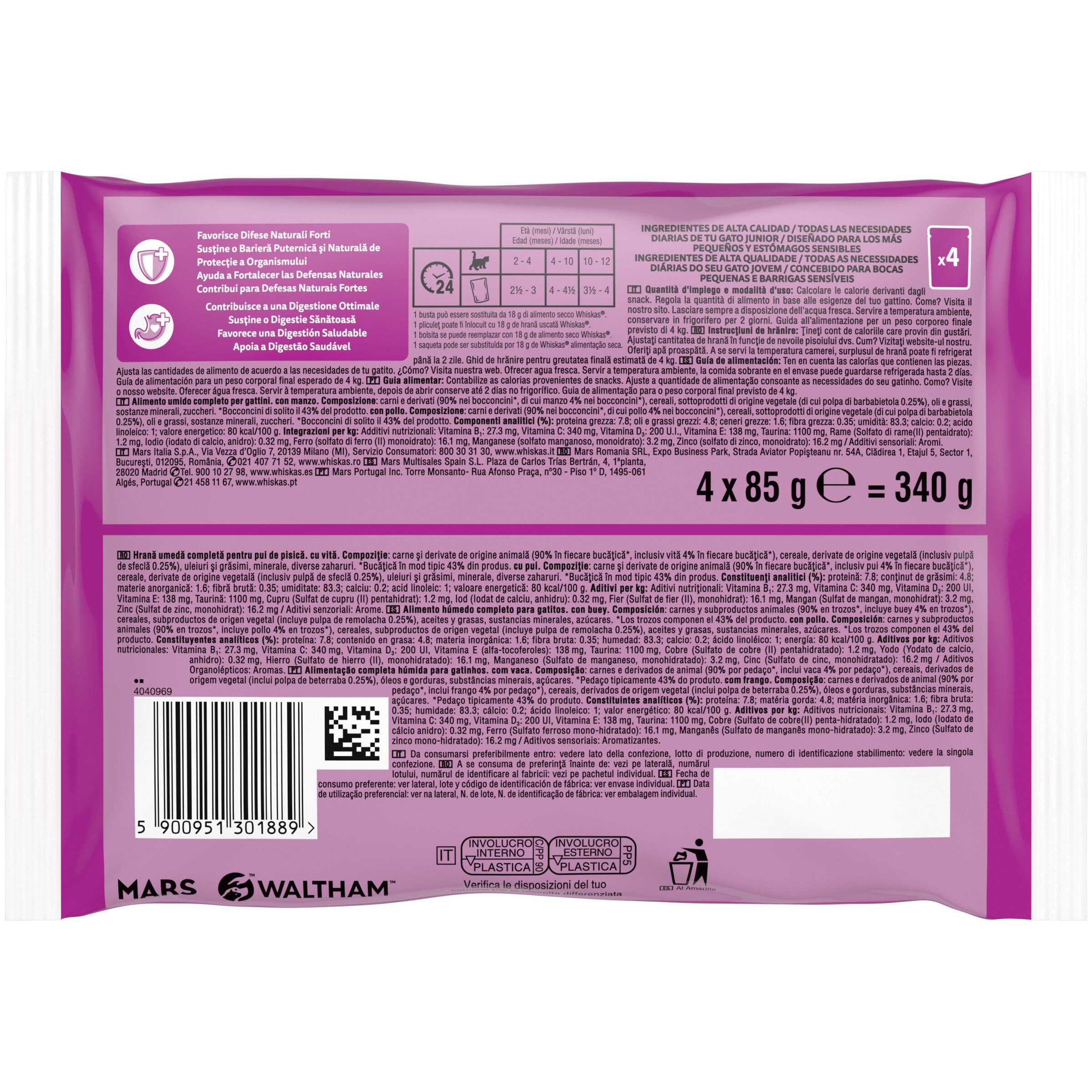 WHISKAS Duo Comida húmeda en Salsa Gatos júnior Comb. clásicas - 13 x 4 bolsitas x 85g