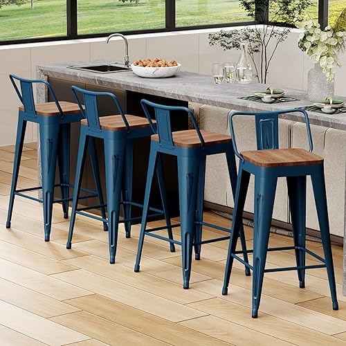 Alunaune 30" Metal Bar Stools Set of 4 Counter Height Barstools, Industrial Counter Stool Kitchen Bar Chairs with Modern Wooden Seat, Distressed Navy