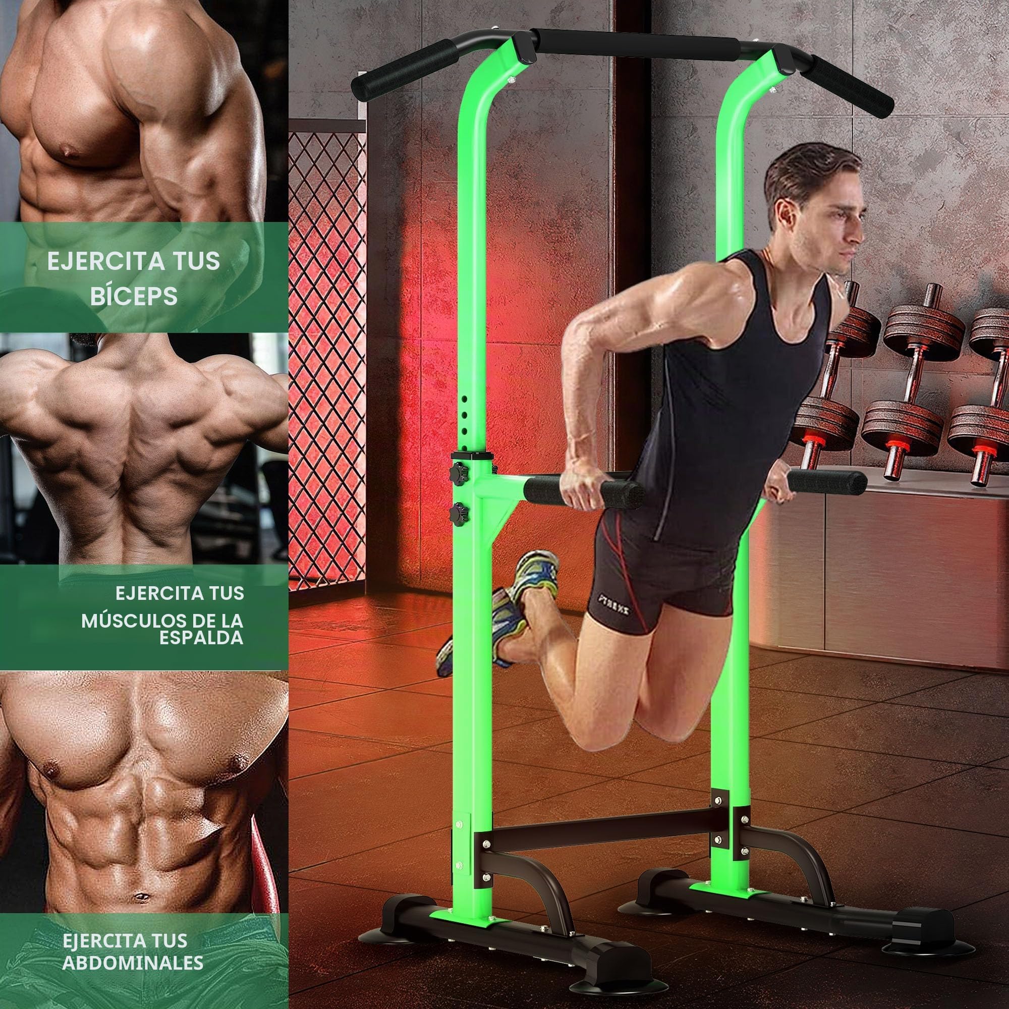 DlandHome - Silla romana con musculación, ajustable, dips, tracción, barra de tracción en los pies, estación de tracción abdominal, reposabrazos, fitness, color verde y negro