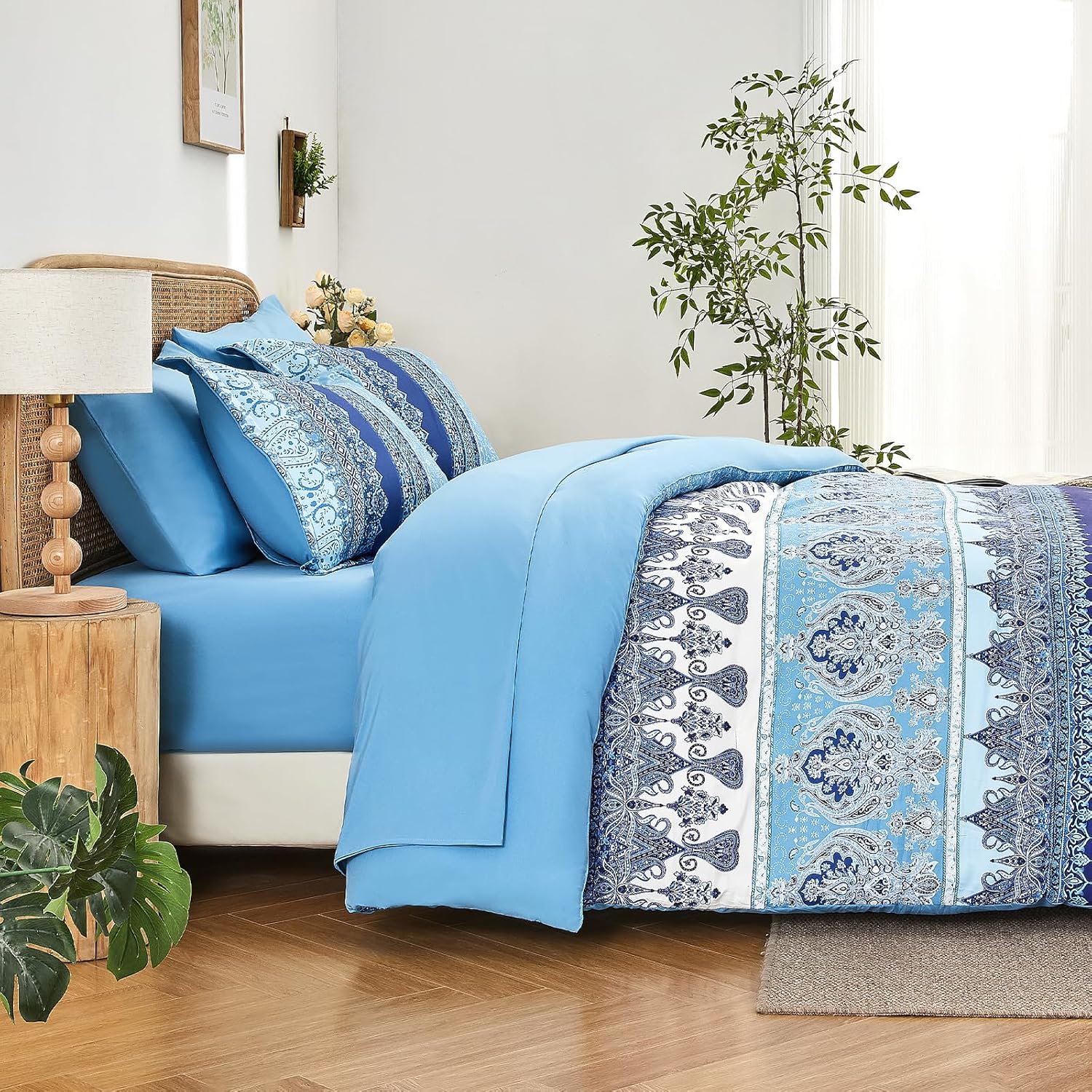 Boho King Size Comforter Set Blue - 7 Pieces Floral Striped Comforter Set with Sheets, Soft Microfiber Bohemian Complete Bedding Sets for All Season (Blue,King) - Image 5