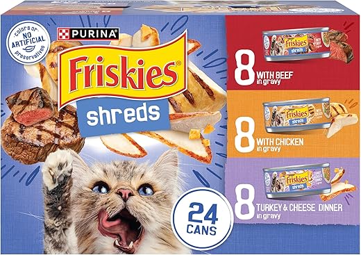 Purina Friskies Gravy Wet Cat Food Variety Pack, Shreds Beef, Chicken And Turkey & Cheese Dinner – (24) 5.5 Oz. Cans