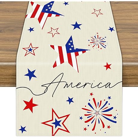 4th of July Table Runner – Patriotic Memorial Day Independence Day Kitchen...