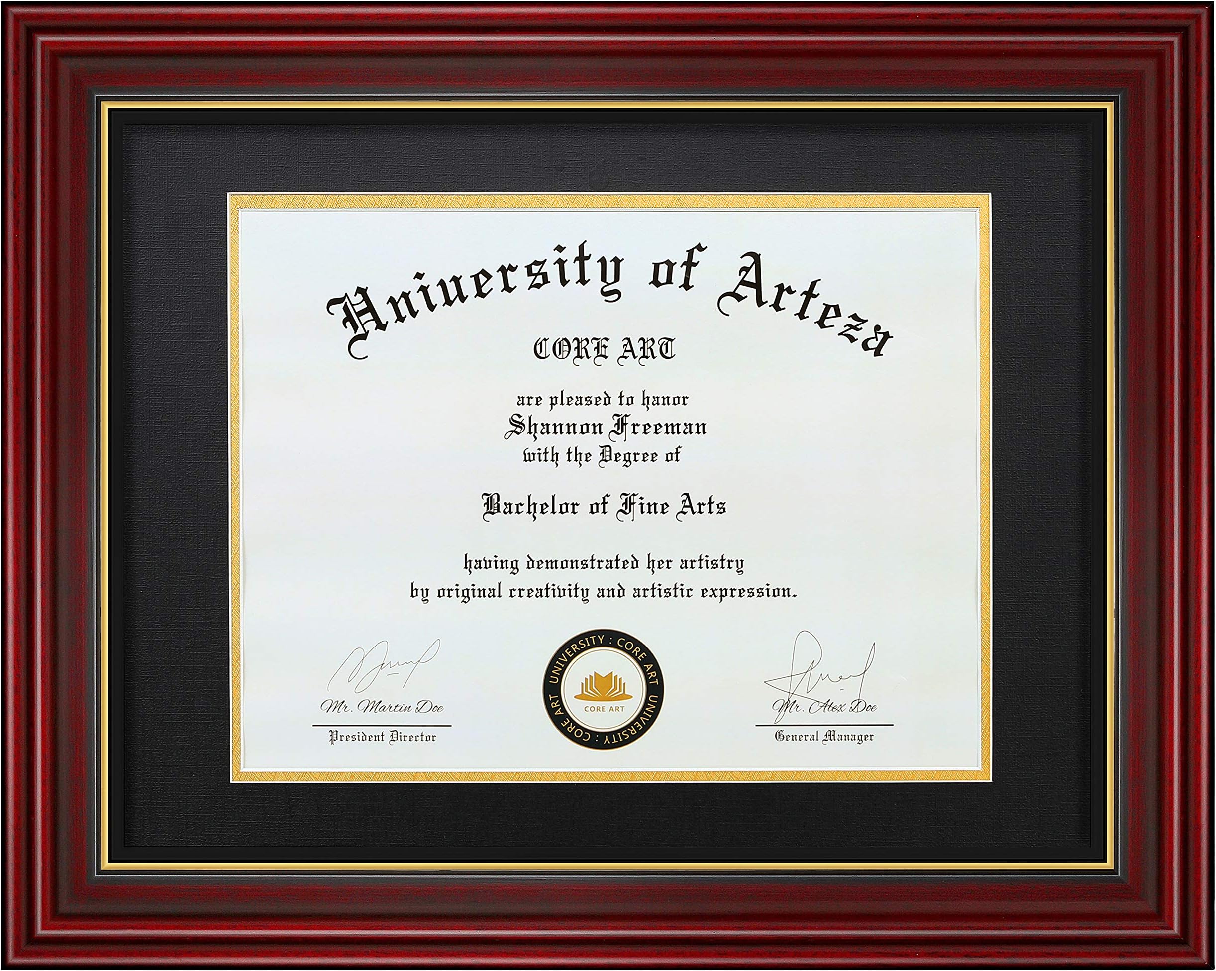 CORE ART 11x14 Diploma Frame Display Certificates 8.5 x 11 with Black Mat or Documents 11 x 14 without Mat, College Degree Wooden Frame with Tempered Glass for Wall and Tabletop Display(Cherry Red)