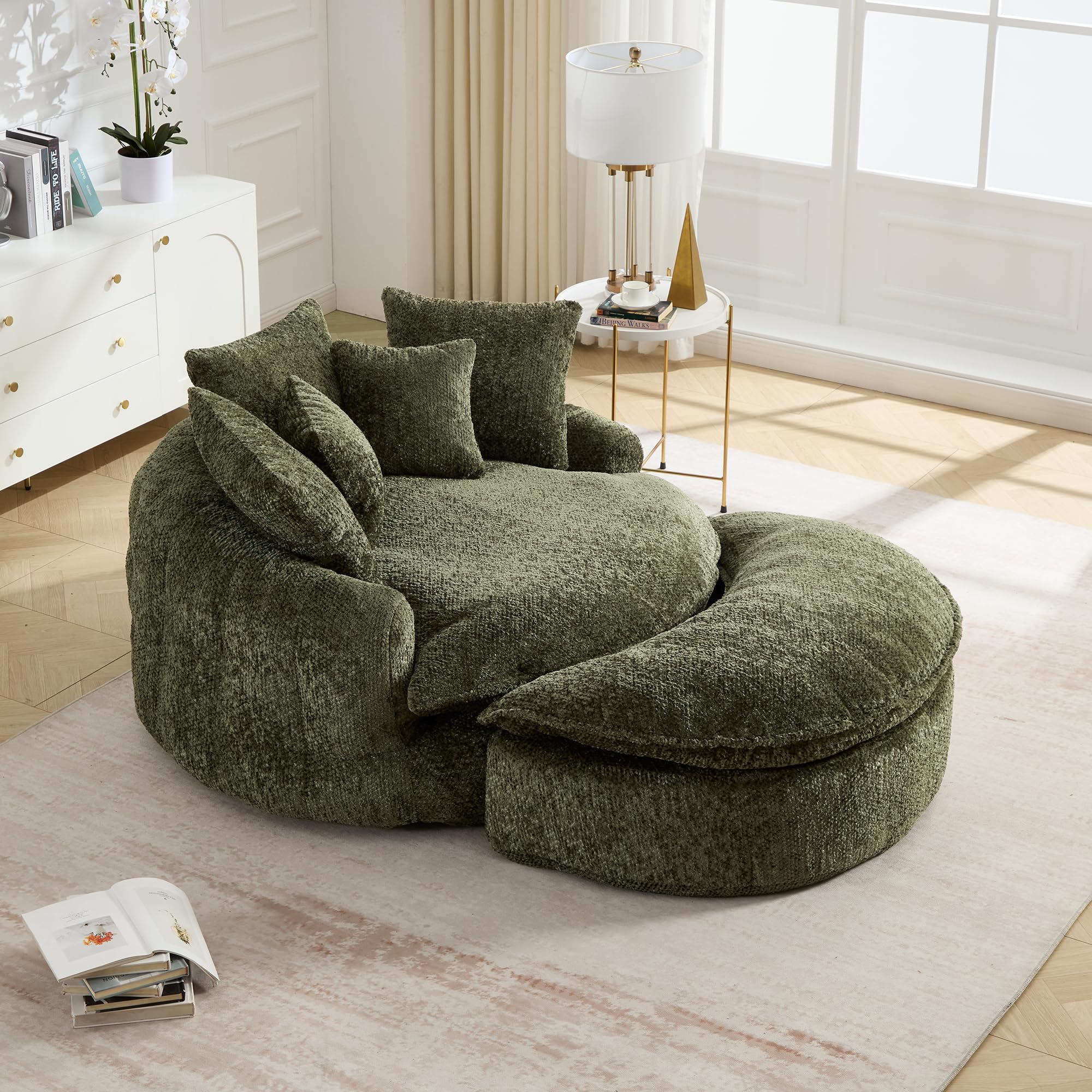 Wrofly 81.1" W Oversized Round Chaise Lounge, Fluffy Lazy Bean Bag Sofa with 14 Pillows, Comfy Chenille Upholstered Barrel Sleeper Bed, Modern Deep Seat Cloud Couch for Living Room, Beige: 66.9'' Green