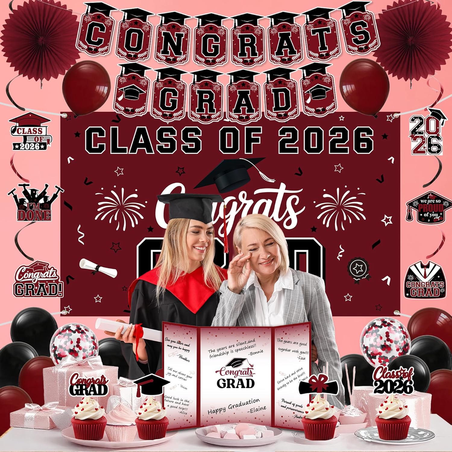 Vlipoeasn Burgundy 2026 Graduation Party Decorations, Class of 2026 College/High School Graduation Decorations Party Supplies, Burgundy 2026 Congrats Grad Backdrop Banner Signature Book