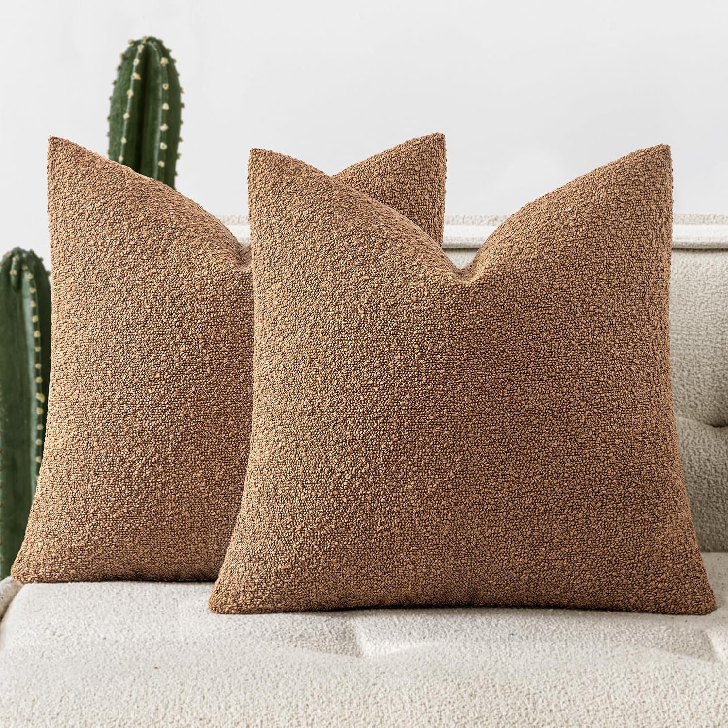 Woaboy Pack of 2 18x18 Inch Decorative Boucle Throw Pillow Covers Textured Square Pillowcaes Accent Solid Cozy Soft Cushion Covers Home Decor for Sofa Couch Living Room Home Decor,Brown 18" x 18" (Pack of 2) Brown