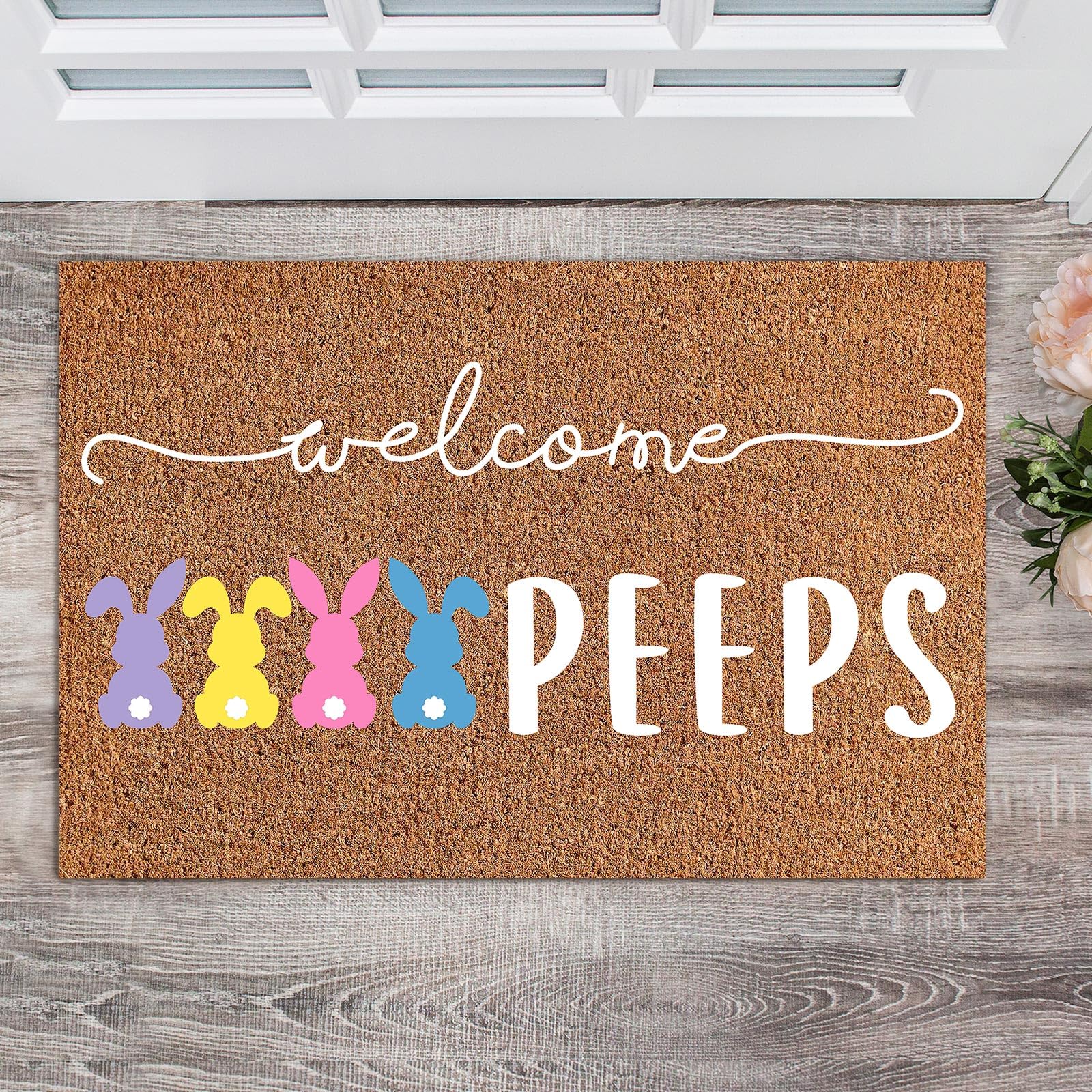 Ceenna Spring Easter Coir Doormat Outdoor Summer 4th of July Rugs Non Slip Tulip Flowers Bunny Welcome Doormats for Front Porch Outdoor Entryway,16 x 28 Inches(Rabbit)
