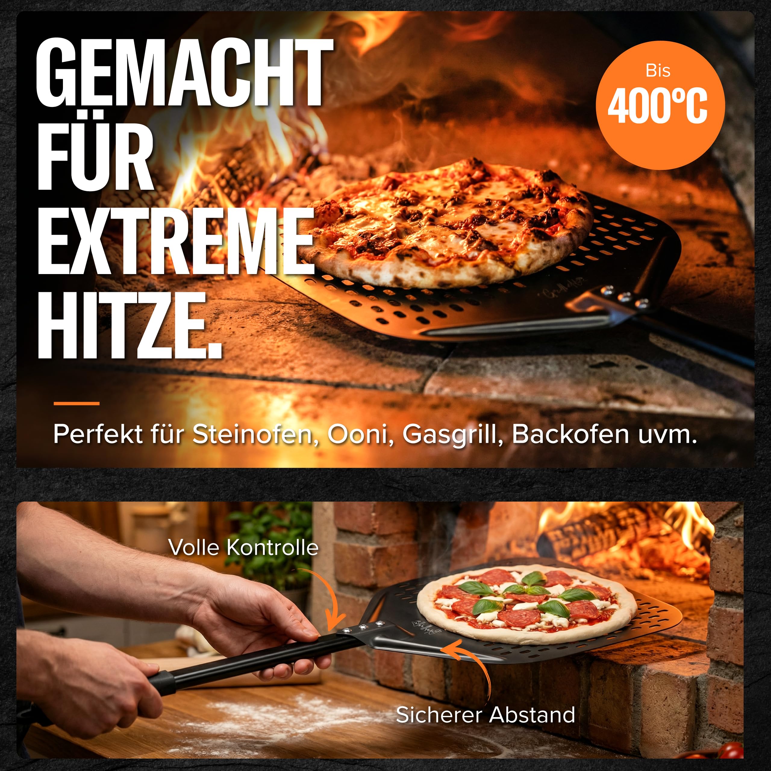 Pizzaschieber Set mit Pizzaschneider - großer perforierter Pizzaschieber mit Antihaft-Beschichtung - Pizzamesser Wiegemesser mit Holzgriff - Pizza Zubehör für Backofen und Pizzaofen