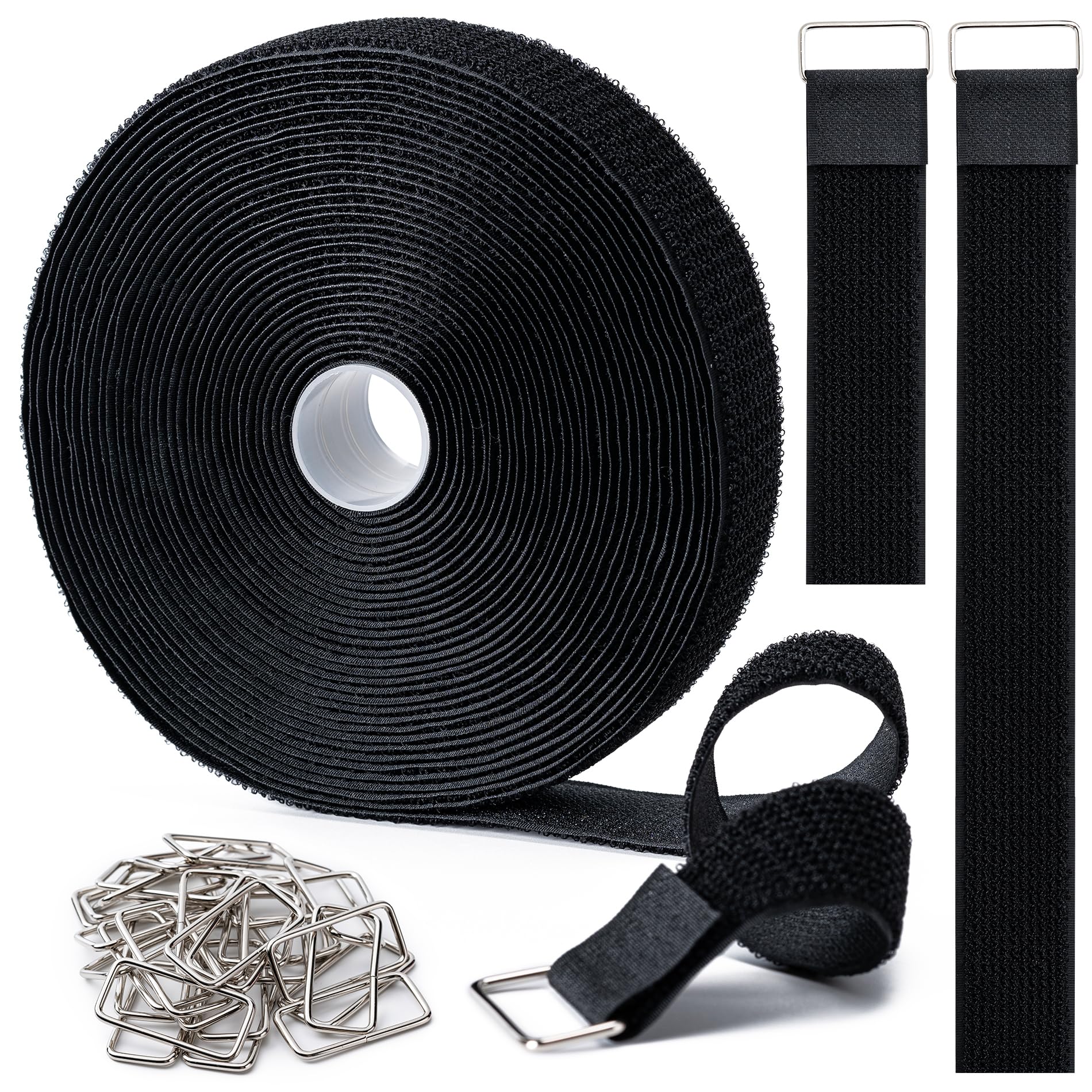 View 1 of 1.5" x32Ft Hook and Loop Straps Cinch Straps Heavy Duty with 32 Metal Buckles, Adjustable Fastening Cable Straps, Free Cut Length, Reusable Nylon Cable Ties for Organizer or Storage, Black