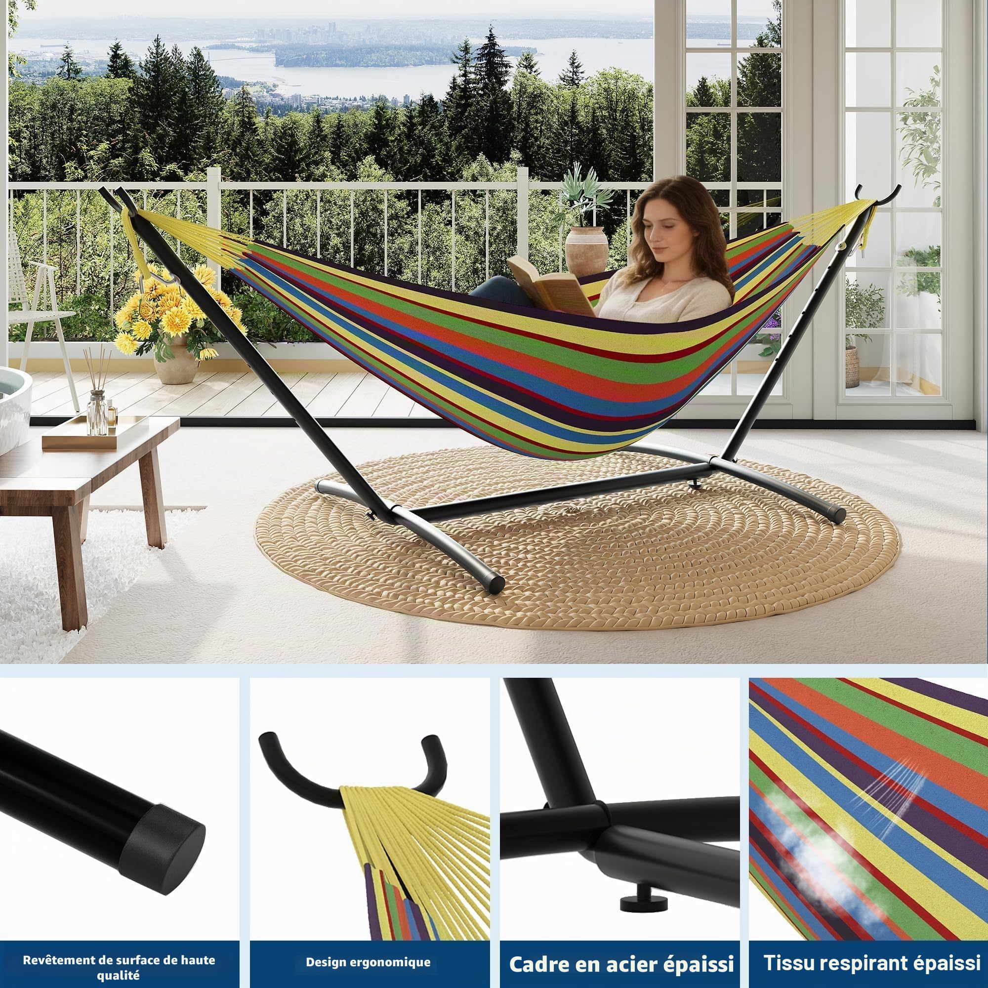 Hamac sur Pied avec Support en Fer, Tolle Hamac à Suspendre avec Support Charge 160 kg, Hamac Extérieur avec Sac de Transport Facile à Monter pour Jardin, Balcon, Voyage, Camping, 273 x 109 cm