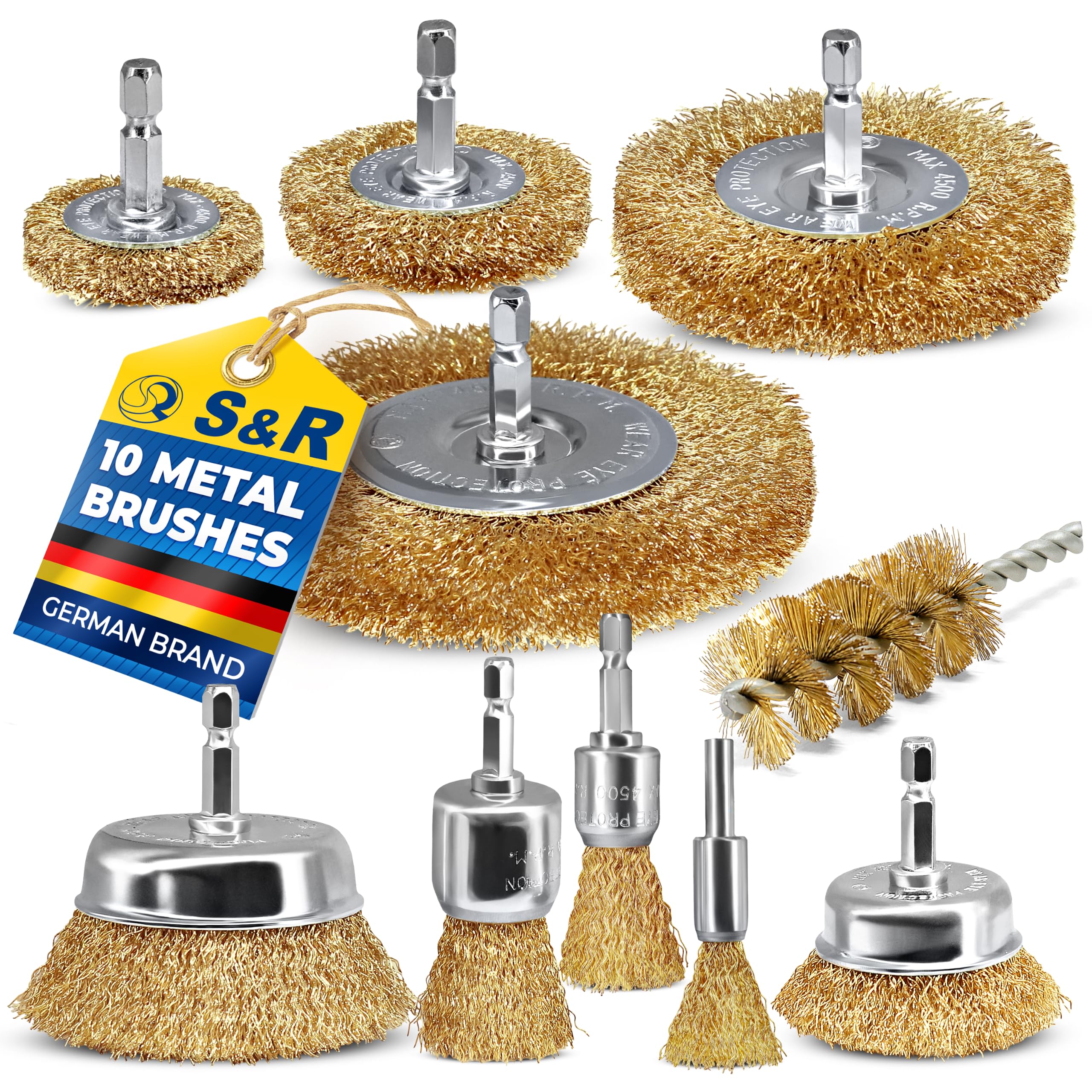 S&R Wire Brush for Drill Set 10 Pcs, 1/4in Hex Shank, Brass Steel