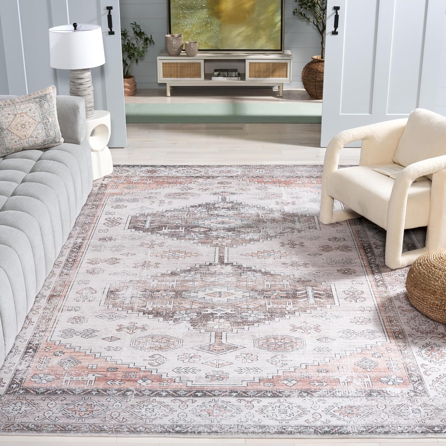 Safavieh Washable Rug Arizona Collection - 8' x 10', Beige & Taupe, Slip Resistant & Easy to Clean, Ideal for Living Room, Bedroom, Home Office, Dining Space (ARZ132B)