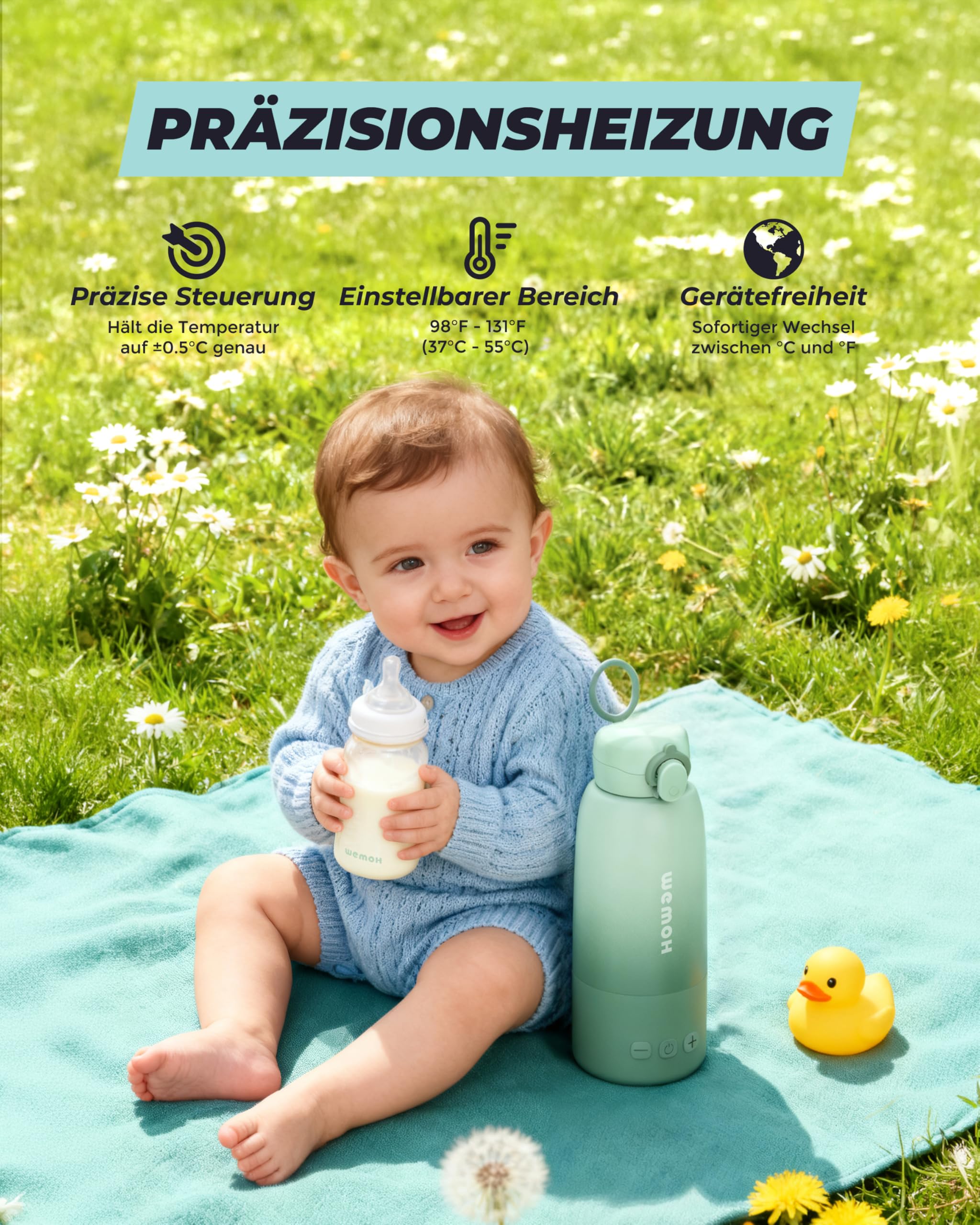 Tragbarer Flaschenwärmer Baby für unterwegs mit Selbstreinigungsfunktion, 100W Schnellaufwärmung, Präzise Temperaturkontrolle, 450 ml Kapazität, Akku für 2–3 Erwärmungen einer vollen Flasche