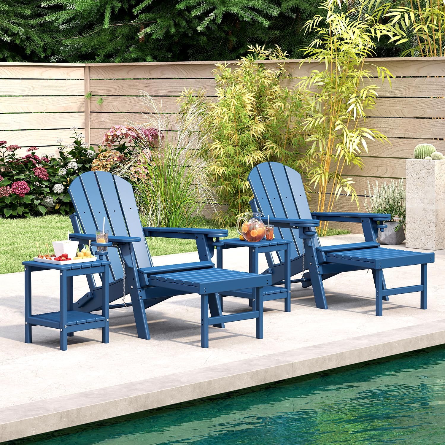 BRIOPAWS Adirondack-Chairs-with-Pull-Out-Footrest | Set of 2 | Folding | HDPE Plastic | Fire Pit Chair | All Weather | Cup Holders | Curved Back | Retractable Ottoman | for Poolside Deck | Blue