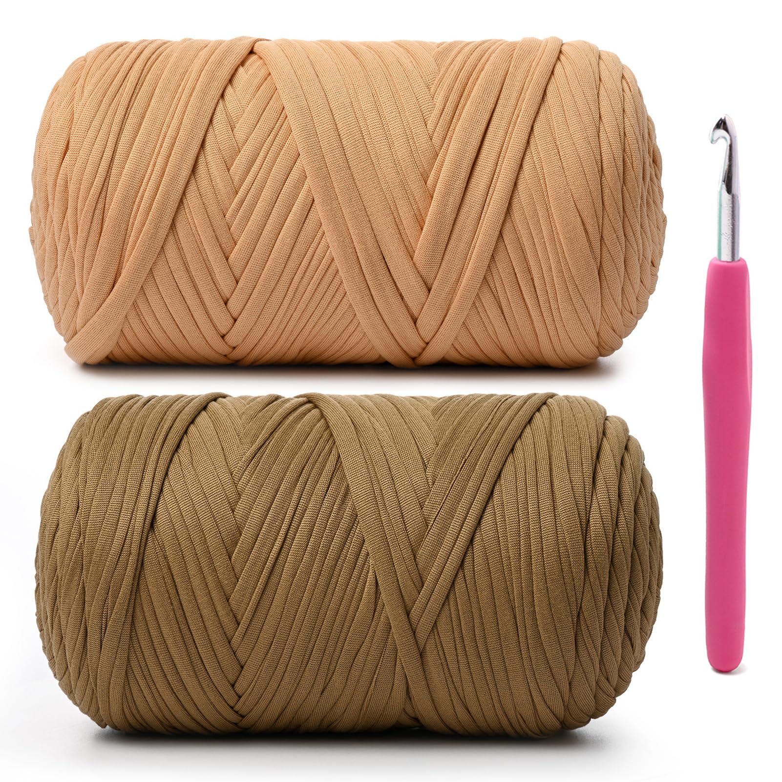 2 Pack Soft Tshirt Crochet Yarn, 800g/228 yds High Elastic Hand Knitting Yarns, Thick T Shirt Yarn for Crocheting Bags, Baskets, Cushions, DIY Crafts(Light Tan＋Deep Khaki