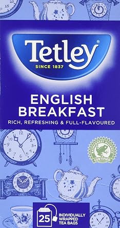 Tetley English Breakfast Black Tea Bags - Strong & Refreshing Morning Brew - Premium Blend with Assam & African Teas - Rainforest Alliance Certified - 25 Individually Wrapped Teabags 1 Pack