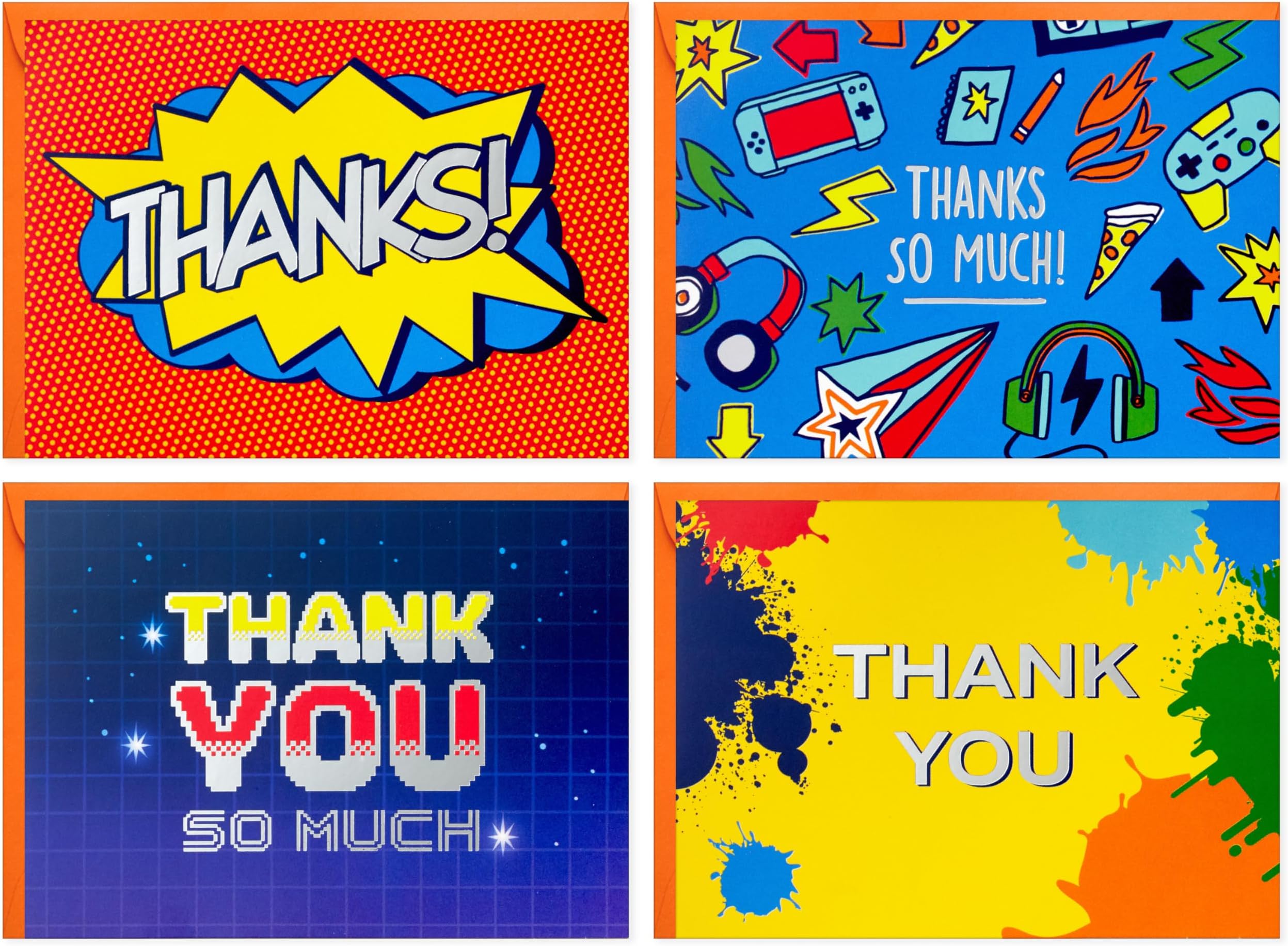 Hallmark Comic Book and Video Game Thank You Note Assortment (24 Blank Cards with Envelopes) for Kids, Grandchildren, Gamers