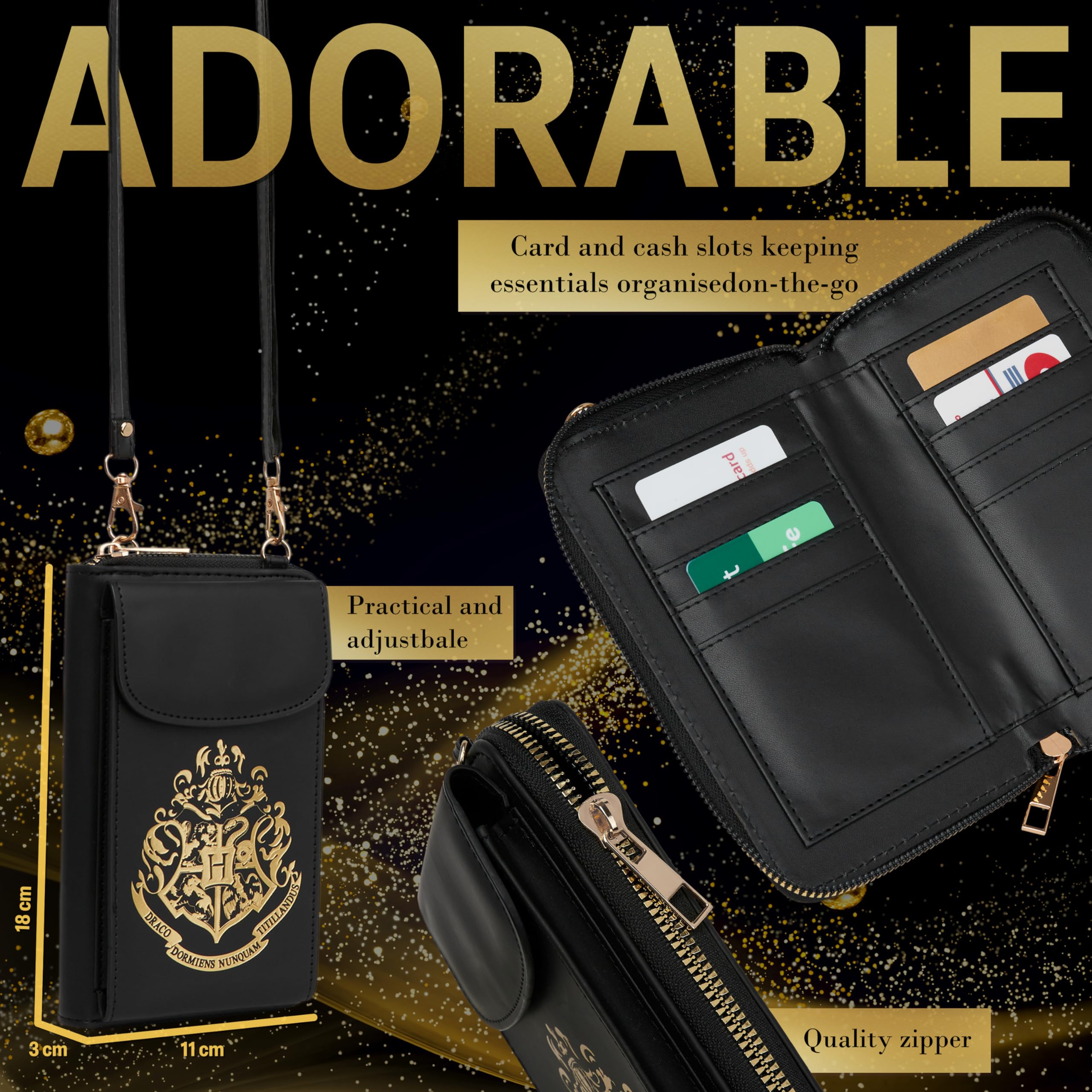Harry Potter Torba na telefon crossbody dla dziewcząt, nastolatków, z przegródkami na karty, przegródka na zamek błyskawiczny, regulowany pasek, mała torebka na podróż, prezent dla dziewcząt