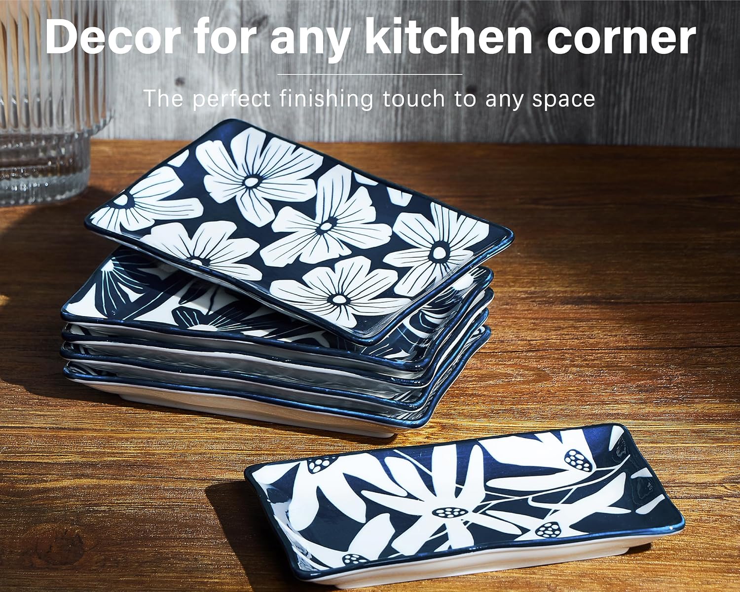 ONEMORE Rectangular Serving Plates Set of 6-7.5 inch Ceramic Blue and White Appetizer Plates - Microwave, Oven & Dishwasher Safe, Classic Style, Sturdy, Scratch Resistant - Vintage Blue