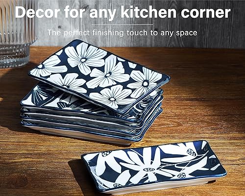 Miniatura 4 de ONEMORE Juego de platos rectangulares de 6 a 7.5 pulgadas, platos de cerámica azul y blanco, aptos para microondas, horno y lavavajillas, estilo