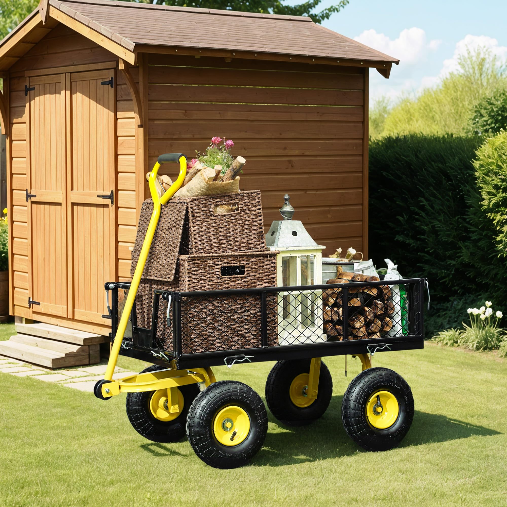 Outsunny Carro de Jardín Basculante Carga 200 kg Carro para Playa con Paneles Laterales Desmontables Mango Giratorio de 180° y 4 Ruedas Neumáticas Grandes de Goma Negro y Amarillo