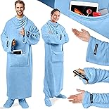 KESSER® Kuscheldecke TV Decke mit Ärmeln & Fußtasche Ärmeldecke Extra Weich 140x170cm Ärmeldecke Flauschige Inkl. 2-in-1 Außentasche tragbare Lounge-Decke Tragbar Ganzkörperdecke mit Ärmel Hellblau