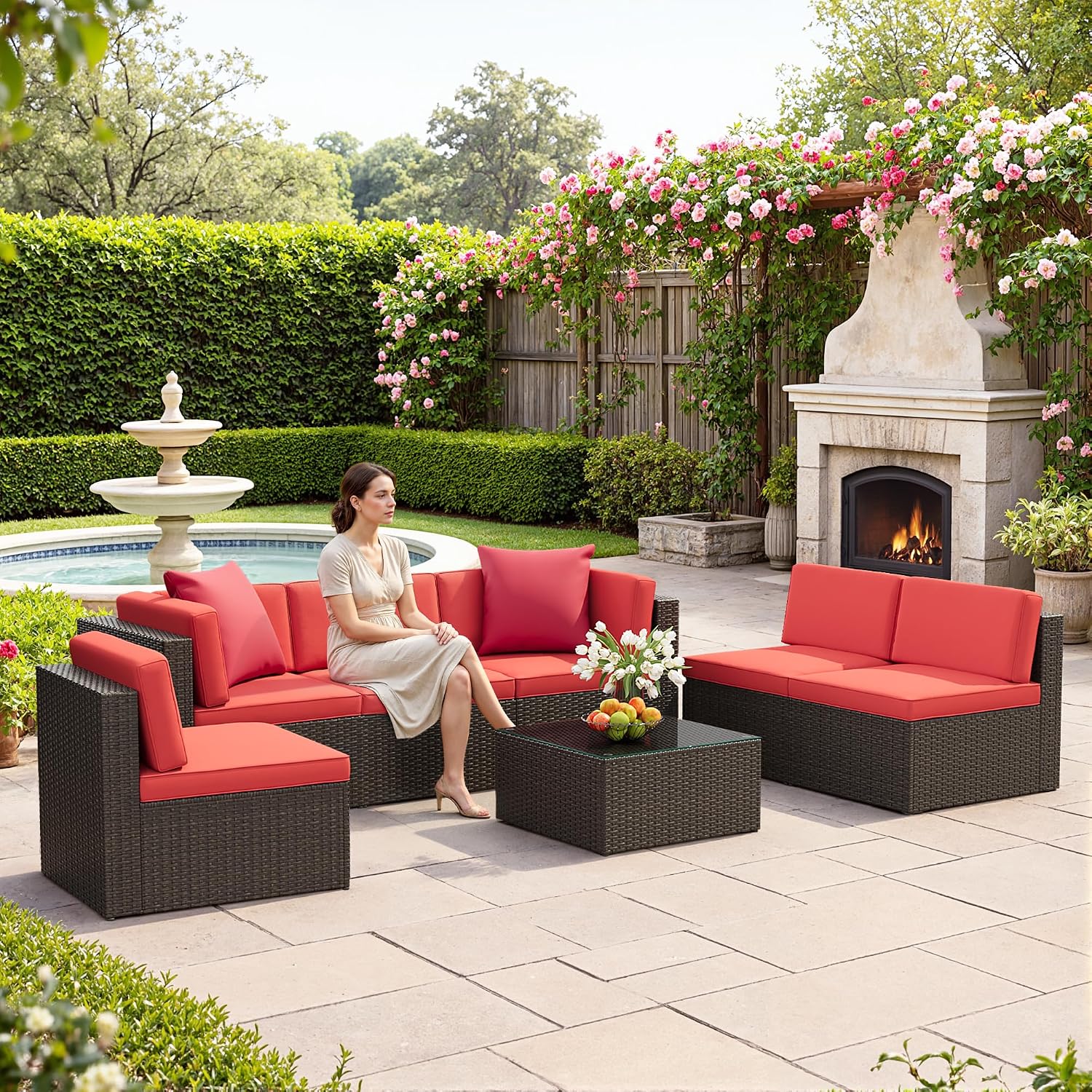 JUMMICO 7-Piece Outdoor Patio Furniture Set, All-Weather PE Rattan Sectional Sofa with Glass Coffee Table & Modular Seating for Garden, Backyard, Poolside, Red