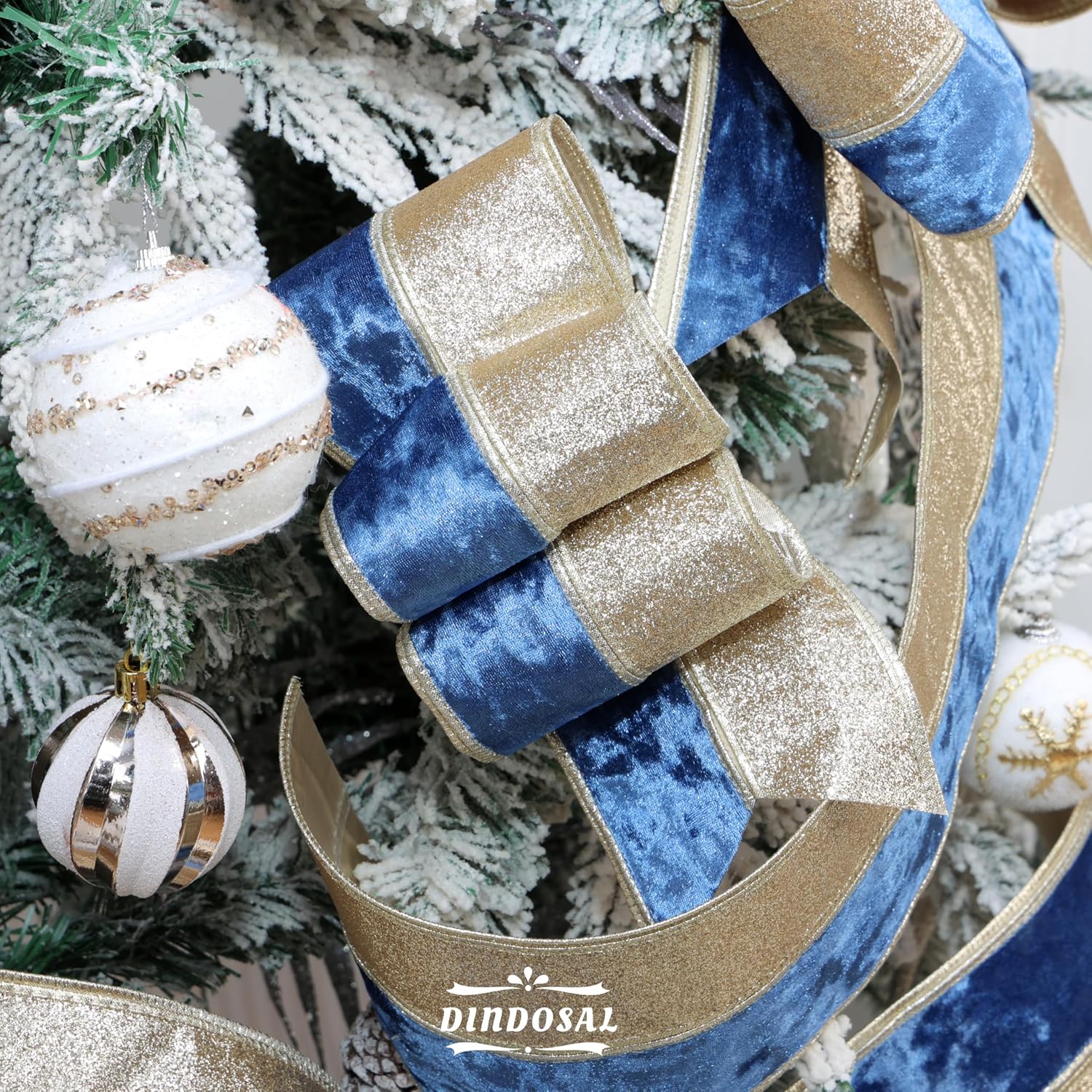 Navy Blue Velvet Wired Ribbon 4 Inch x 10 Yards, Champagne Glitter Two Tone Wide Christmas Ribbon for Tree, Wreaths, Garlands, Bows, Gift Wrapping, Wedding Decor