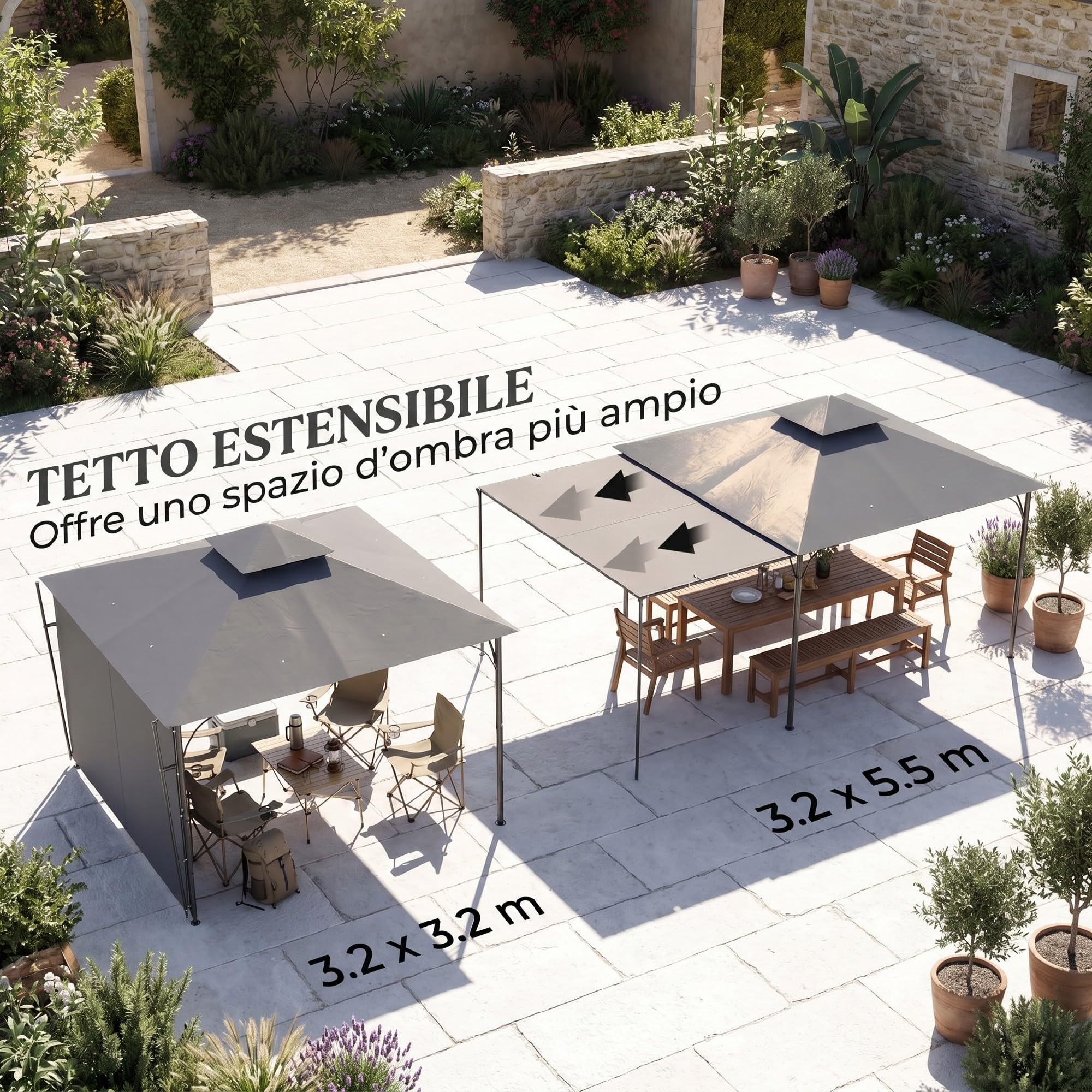 Outsunny Gazebo da Giardino 3.2x3.2 m con Tetto Estensibile, Gazebo da Esterno con Doppio Tetto Ventilato, Fori di Drenaggio in Metallo, per Giardino Balcone Feste Patio, UV30+, Grigio Scuro