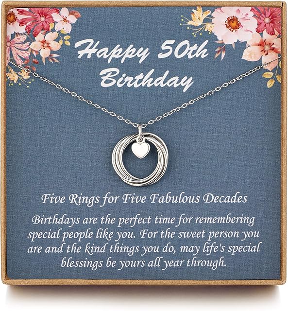 MUSIER PARIS 50th Birthday Presents for Women, Birthday Gifts for her, 50 Birthday Gifts, Sterling Silver 5 Ring Birthday Necklace, Friendship Gifts Birthday Jewelry